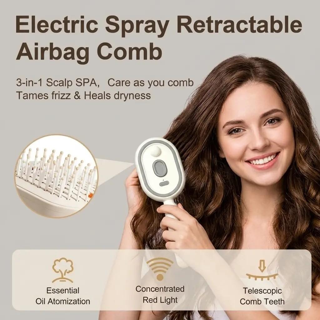 Electric spray air cushion massage comb, Anti tangle brush, self-cleaning, anti-tangling, anti-static, with a hairbrush attachment, combined with essential oil atomizing aromatherapy, it cares for hair and is a gift for ladies, Scalp Brush, Haircare Brush