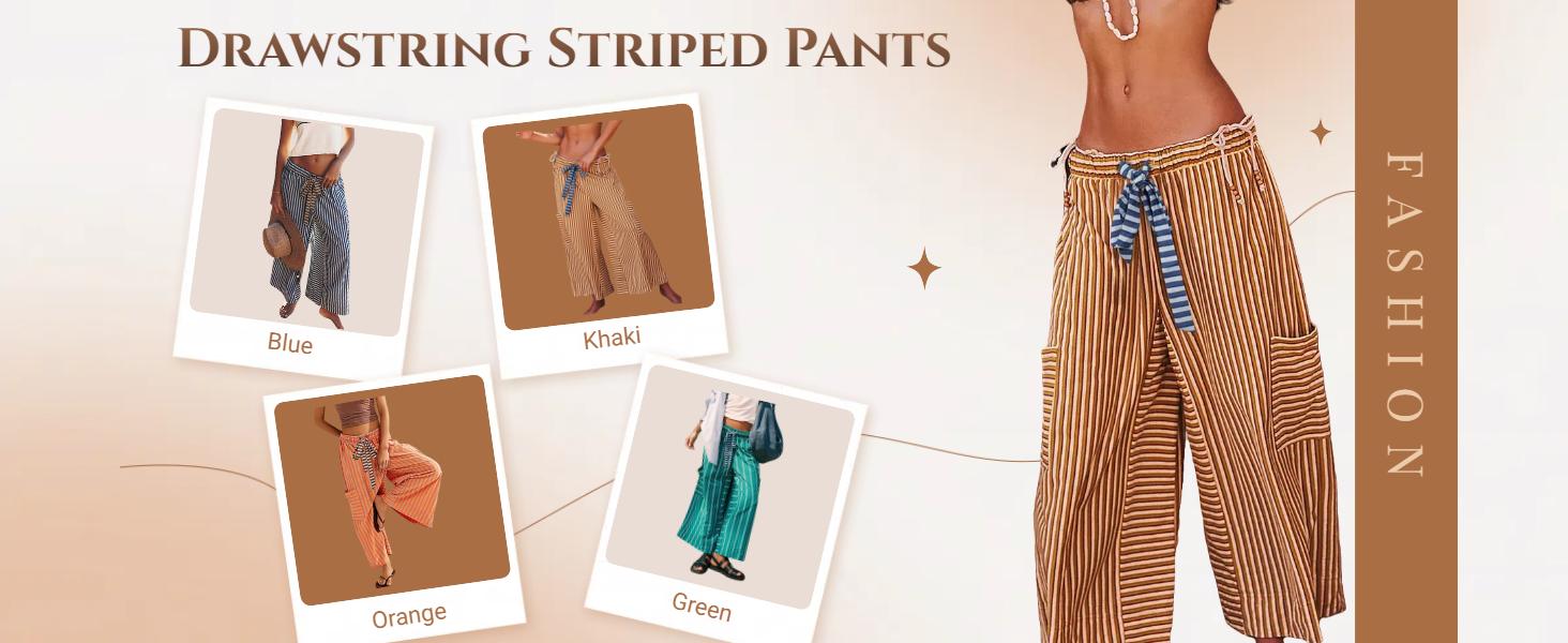 Molitree Women's Drawstring Striped Pants Loose Wide Leg Lounge Pants Casual Trousers with Pocket Beachwear Streetwear