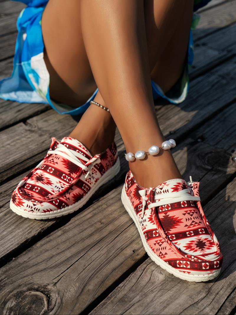 Women's Fashion Ethnic Pattern Lace up Low Top Sneakers, 1 Pair Casual Comfortable Lightweight Flat Shoes, All-match Soft Sneakers for Daily Wear, Lightweight Footwear