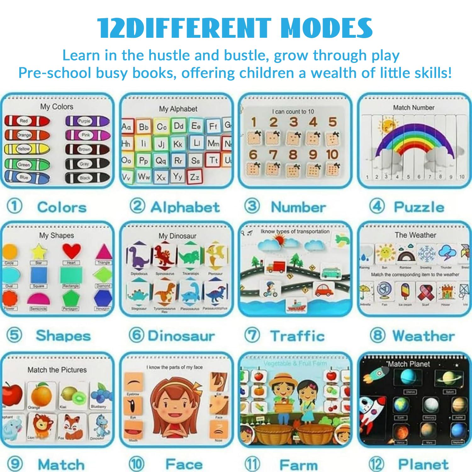 Kids Busy Book, Montessori Preschool Learning Activities, 30 Topics and 8 Markers, Workbook Activity Binder for Toddlers Ages 1-3, Autism Learning Materials and Tracing Coloring Book,