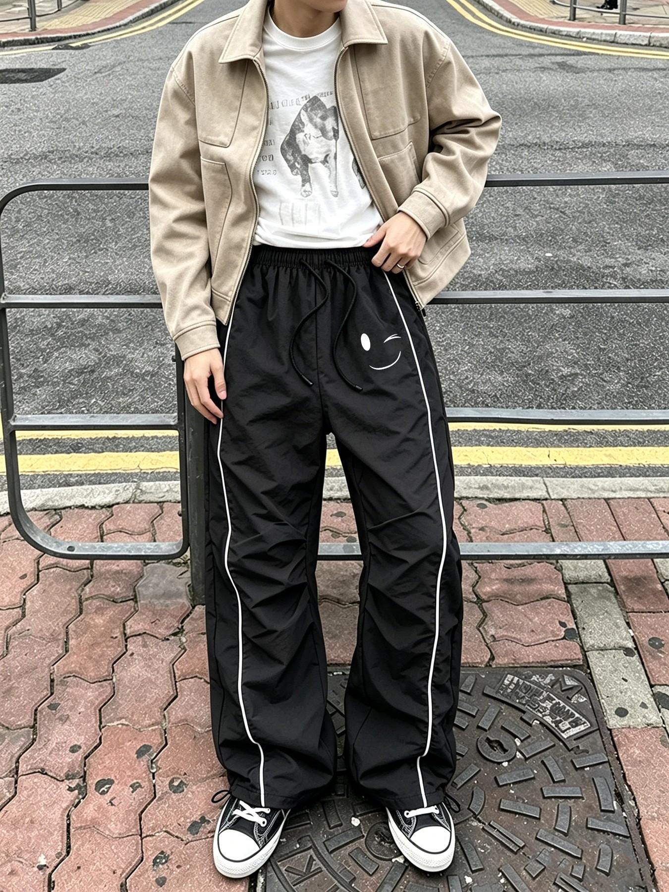 Vintage Streetwear Men Side Stripe Track Pants Drawstring Elastic Waist Adjustable Hem Minimalist Wink Smiley Face Graphic Print Daily Casual Sport Trousers