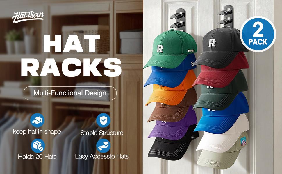 Hat Hook for Wall 2 Pack Hat Organizer Holds Up to 20 Hats with Strong Adhesive and 8 Screws Cap Holder for Closet Door and Bedroom B-Black - Decor Key Hook Wall Mounted Shelf