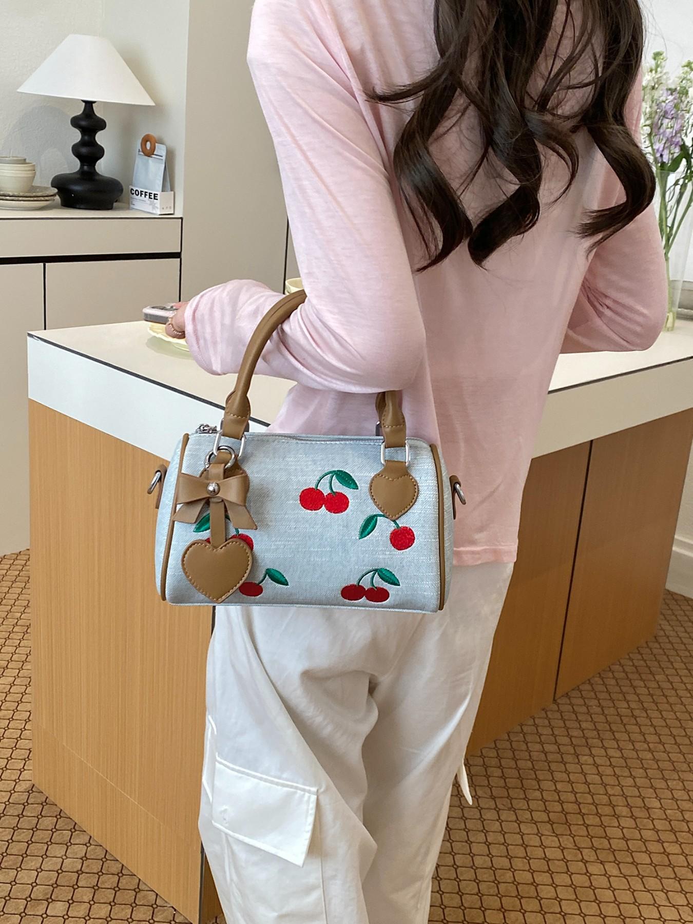 Sweet Cherry Boston Bag for Women, 2026 New Handbag, Cute Pillow Bag, Fashion Commute, Heart Charm, Full Cherry Print, PU Material