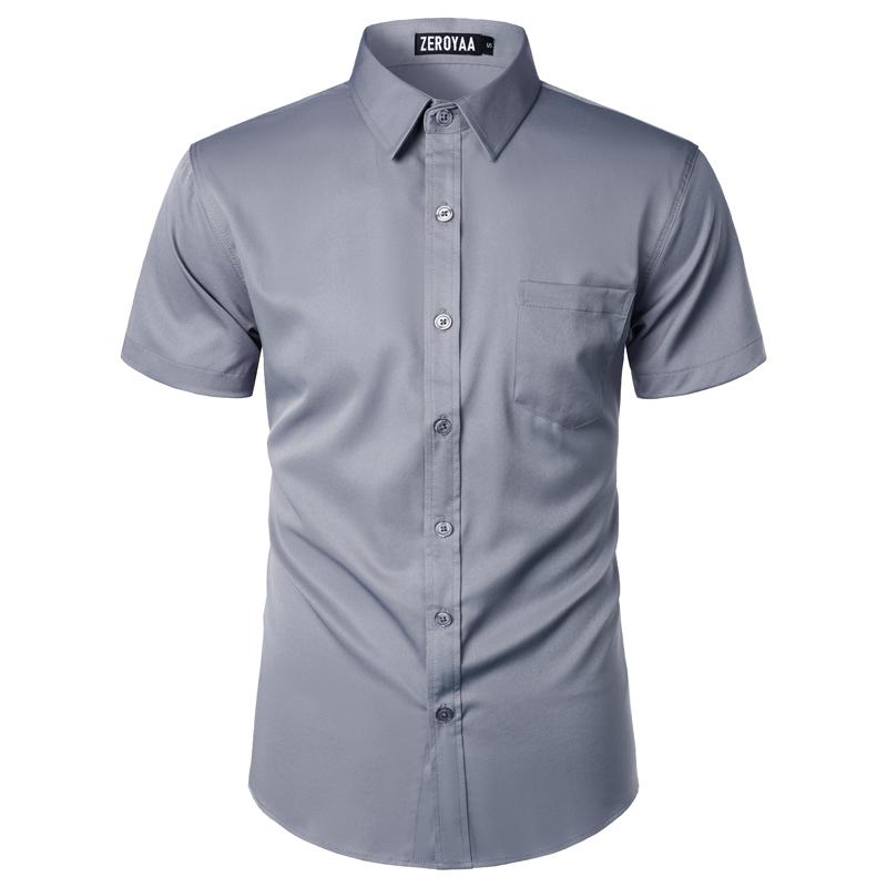 ZEROYAA Men's Casual Urban Stylish Slim Fit Short Sleeve Button Up Dress Shirt with Pocket Fabric Top Summer Outfits Men Plain Menswear Beige Tropical Vneck