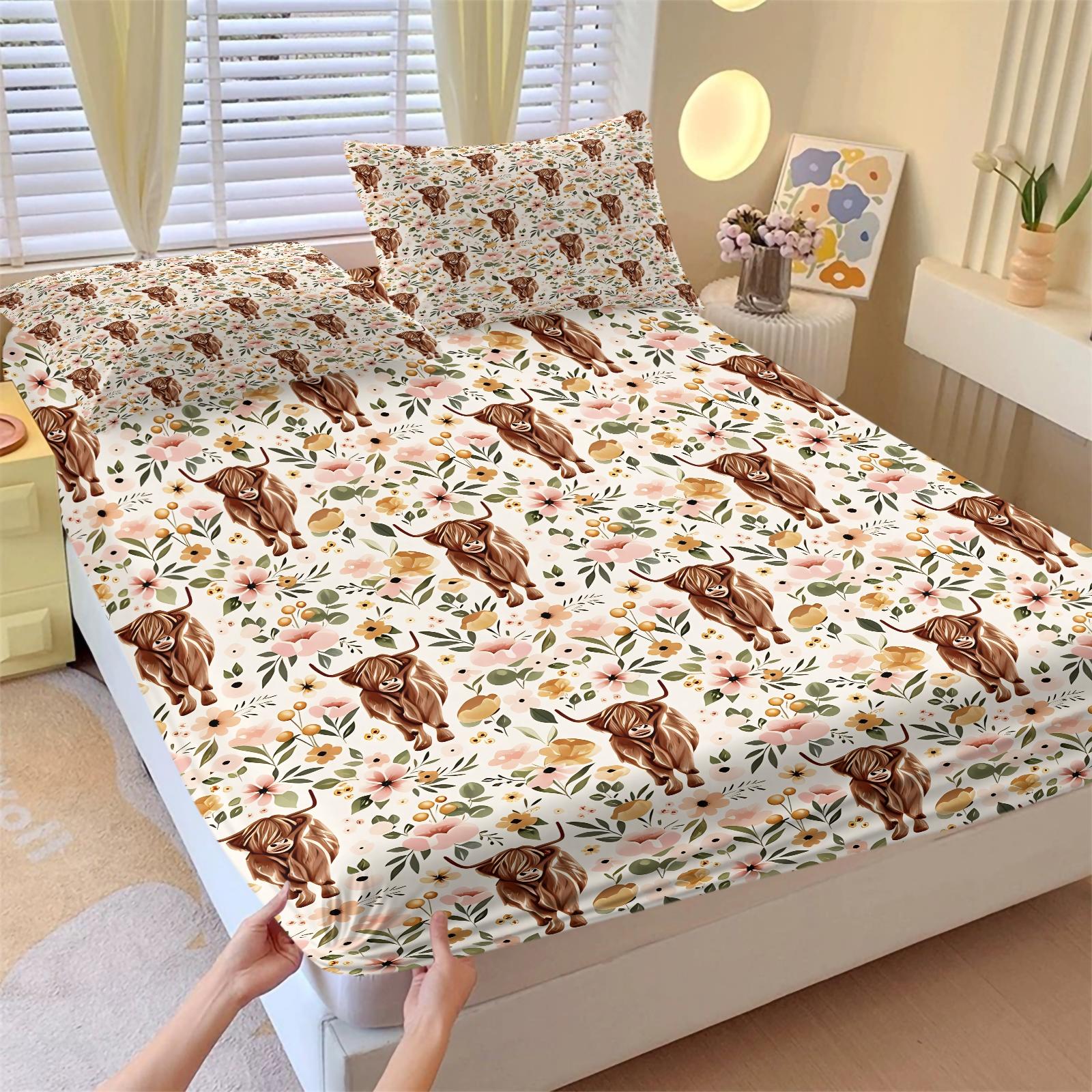 3Pcs Western Aztec Cow Print Fitted Sheet Set with 2 Pillowcases, Southwestern Turquoise Geometric Deep Pocket Elastic Mattress Cover, Boho Cowhide Tribal Bedding, Soft Microfiber Non-slip Bedspread, Printed Bedding Set for Bedroom Decor Bedset