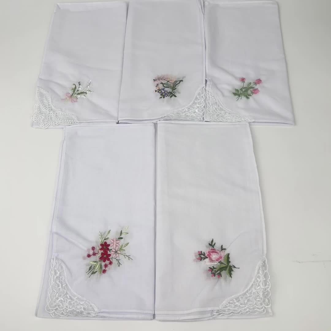 Packs of 10, 20, or 30: Women's Floral Handkerchiefs with Vintage Embroidery and Lace Pure white with an embroidered floral pattern