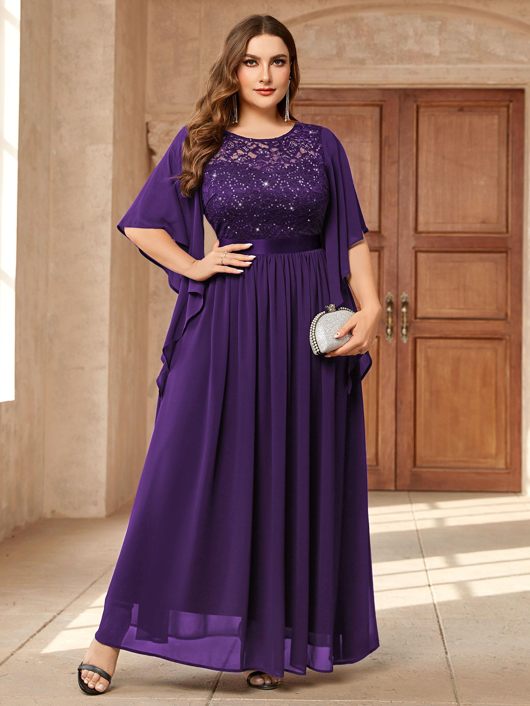 Miusol P83099 Plus Size Women's Sequin Floral Lace Chiffon Flare Sleeve Formal Dress Elegant Evening Gown All Seasons Party dress,Evening dress Normal Type  Womenswear Maxi Dress SpringStatements