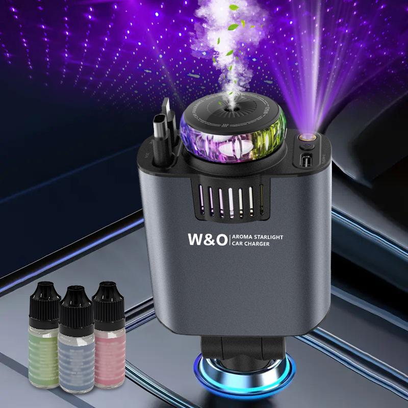 W&O 5-in-1 Smart Car Charger with Car Air Aromatherapy Diffuser-Free, Plant Extract Formula for Mothers and Youngsters, Vehicle & Travel, Features Intelligent Sensing & Atmosphere Lighting, Car Air Freshener Starlight Headliner Car Charger