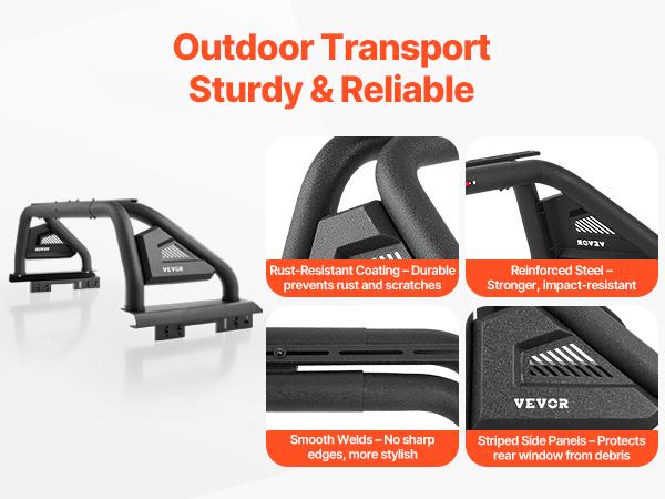 VEVOR Truck Bed Roll Bar, Universal Pickup Sport Adjustable Bar Chase Rack Compatible with Mid-Size Truck, Carbon Steel Construction with LED Brake Light, No Rack Included