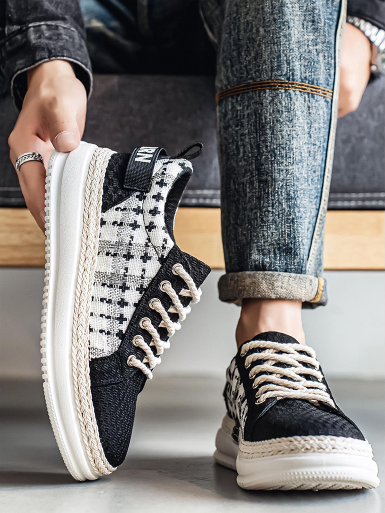 Summer New Men's Retro Plaid Laces, Braided Rope Shoelace Design, Easy-On-Off Hemp Laces, Commuter & Casual Shoes, Versatile Footwear