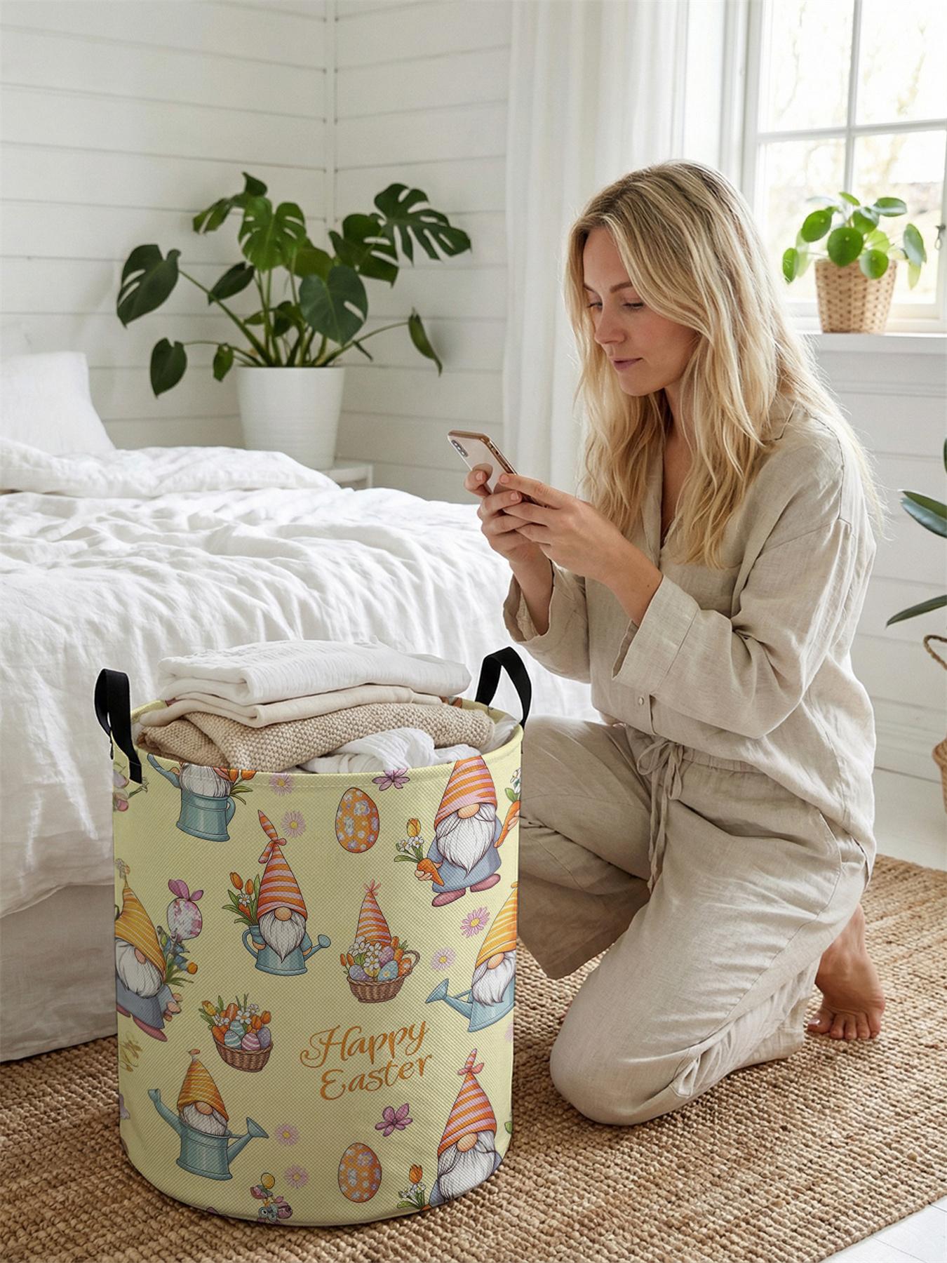 1pc Easter Elf Pattern 2D Printed Easter Basket with Handle, made of wear-resistant material, foldable home laundry hamper, large capacity laundry storage basket, toy storage box