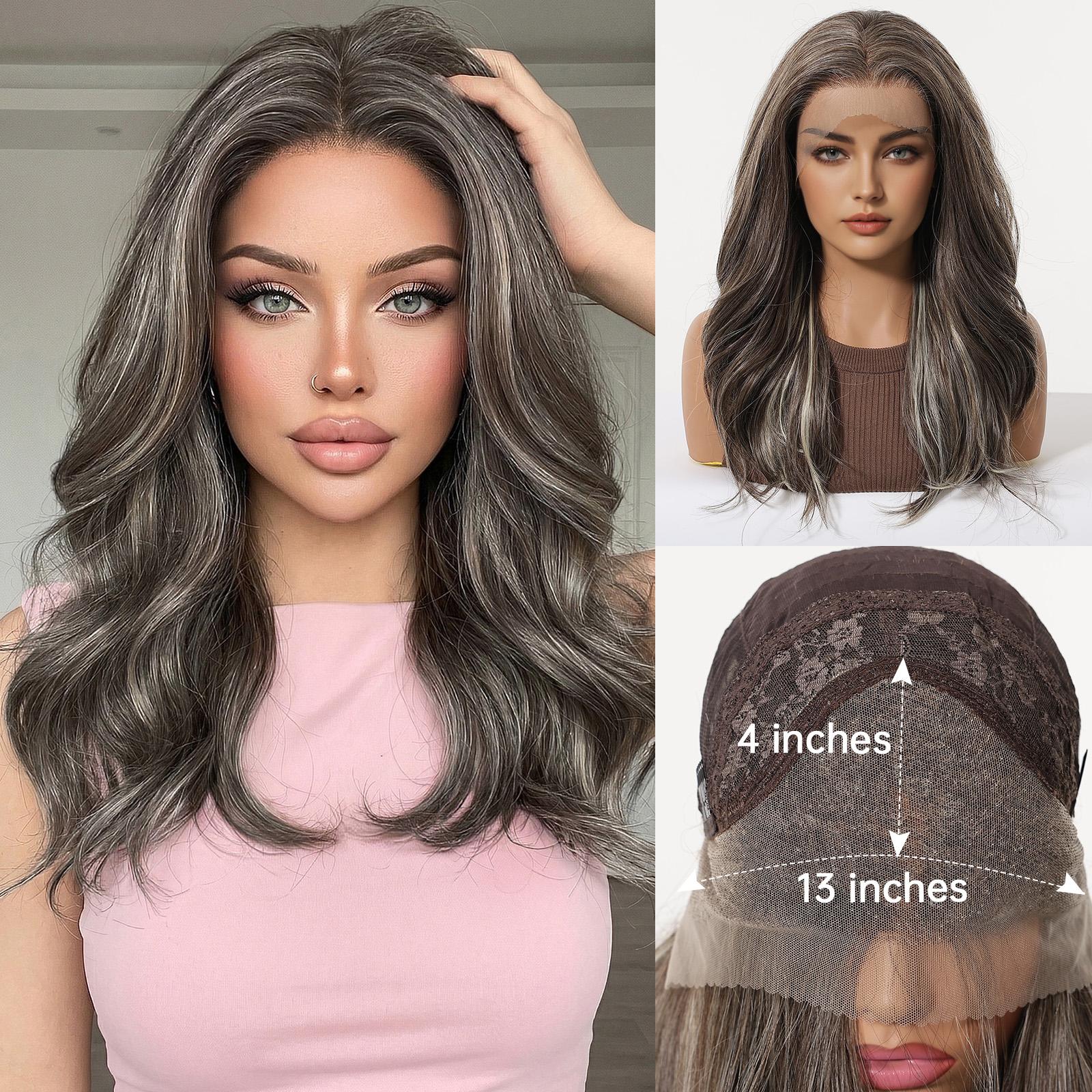 Topshe 13x4 Lace Front Wig, Lace Frontal Wig, Ash Highlights Medium Wave, Natural Skin-Like Scalp, Heat-Resistant Synthetic Hair for Women