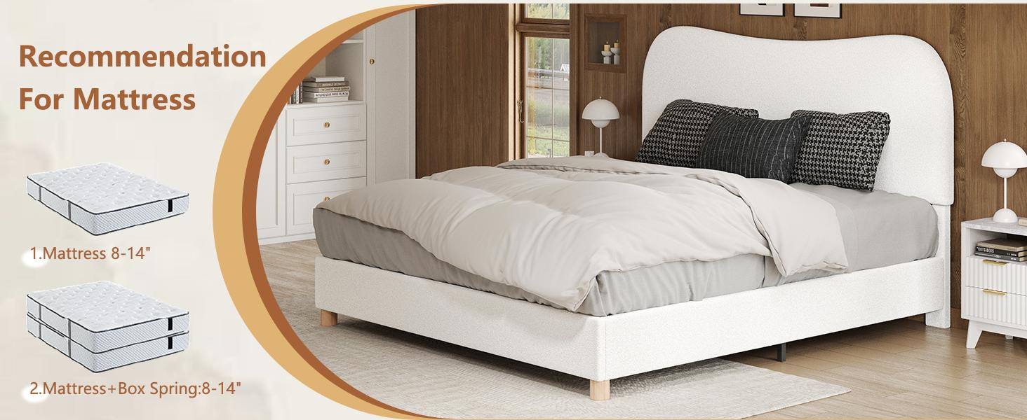 VanAcc Boucle Bed Frames, Upholstered Platform Bed with Curved Shaped Headboard, Soft Rounded Corners, Noise Free, Easy Assembly