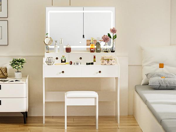 COMHOMA Makeup Vanity Desk with Mirror and Lights, Vanity Table and Chair Set with 5 Drawers and Charging Station, Bedroom Dresser LED Mirror Stepless Dimmable & 3 Color Modes Adjustable, Pure White