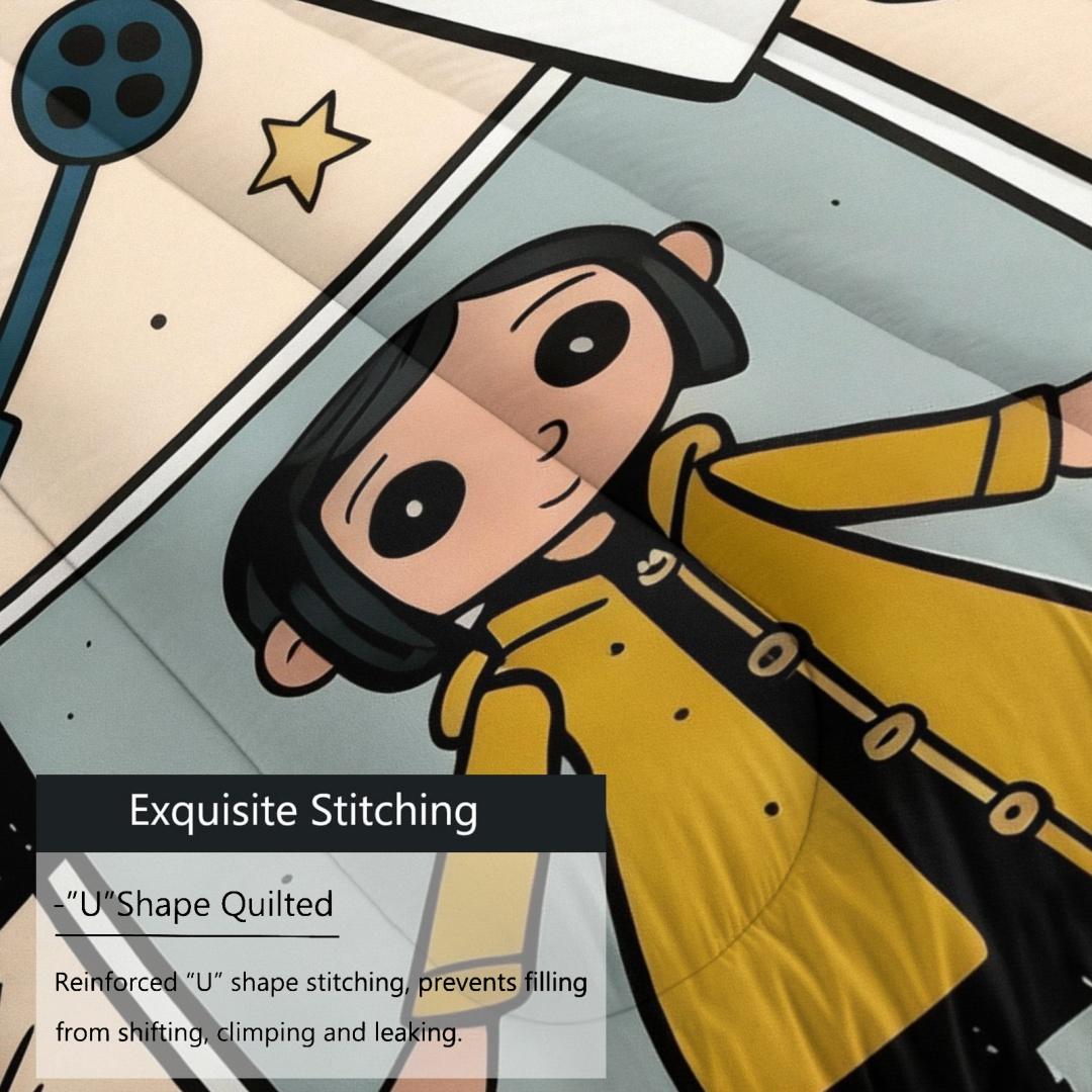 Coraline Pattern Bedding Set, Includes 1 Quilt and 1 or 2 Pillowcases Without Pillows, Soft Kids and Adult Bedroom Gift