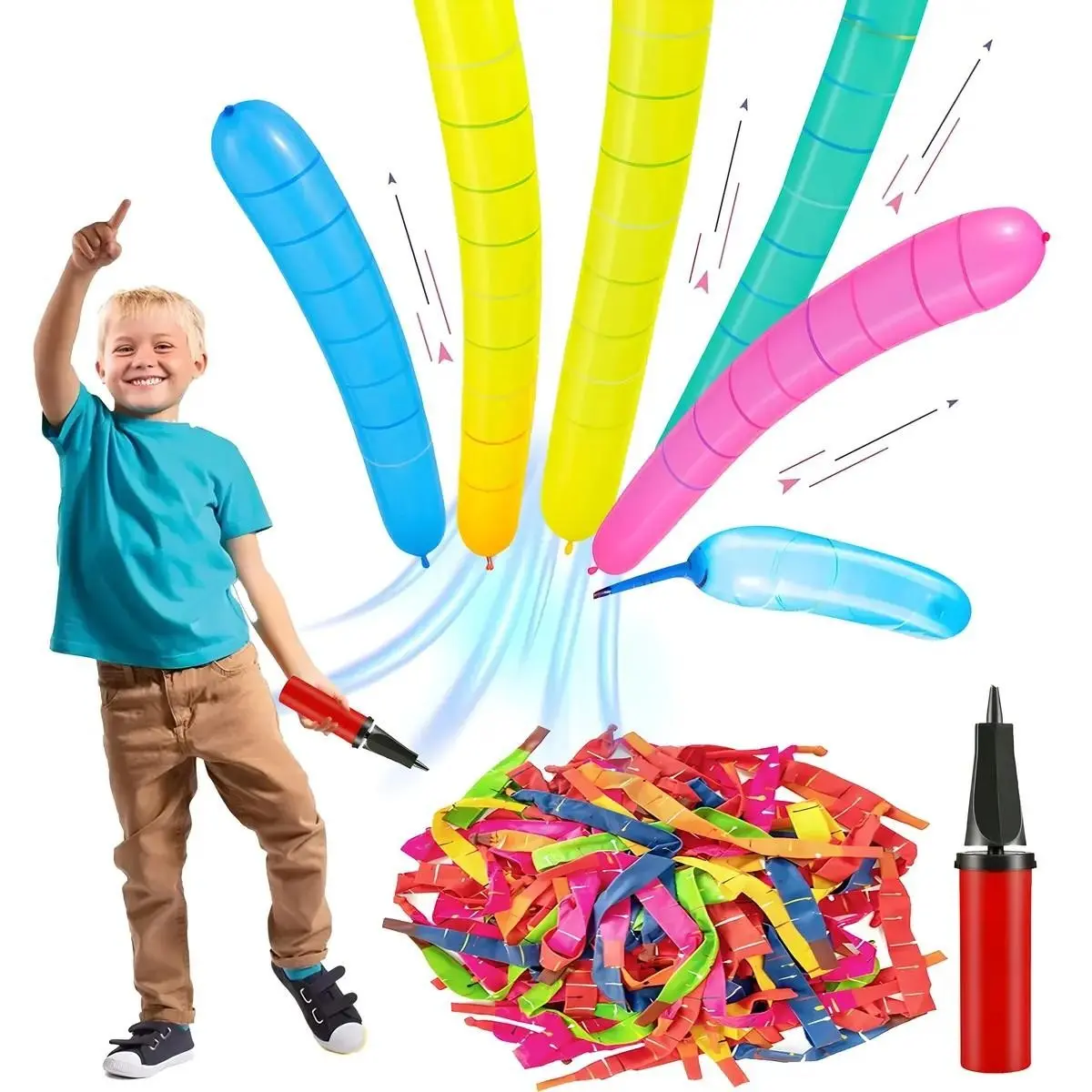 Colorful 100-Pack Rocket Balloon Kit, Flying Party Balloons with Pneumatic Pointed Tips, Comes with Simple Air Pump, No Extra Refills Needed, Great for Indoor Outdoor Parties, Kids Birthdays and Holiday Celebrations