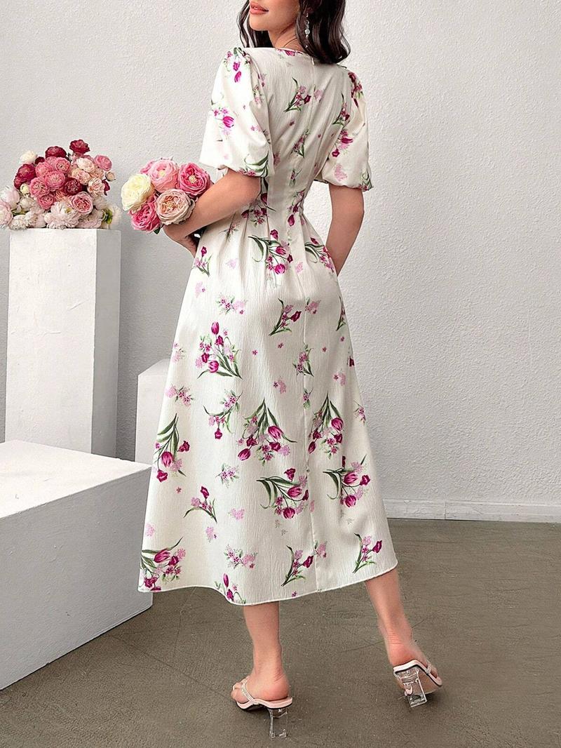 Women's Floral Print Puff Sleeve Dress, Elegant Short Sleeve A Line Dress for Party Holiday Wedding Guest, Ladies Clothes for All Seasons, Womenswear, Shortsleeve, Formal Dresses Women, Wedding Gown