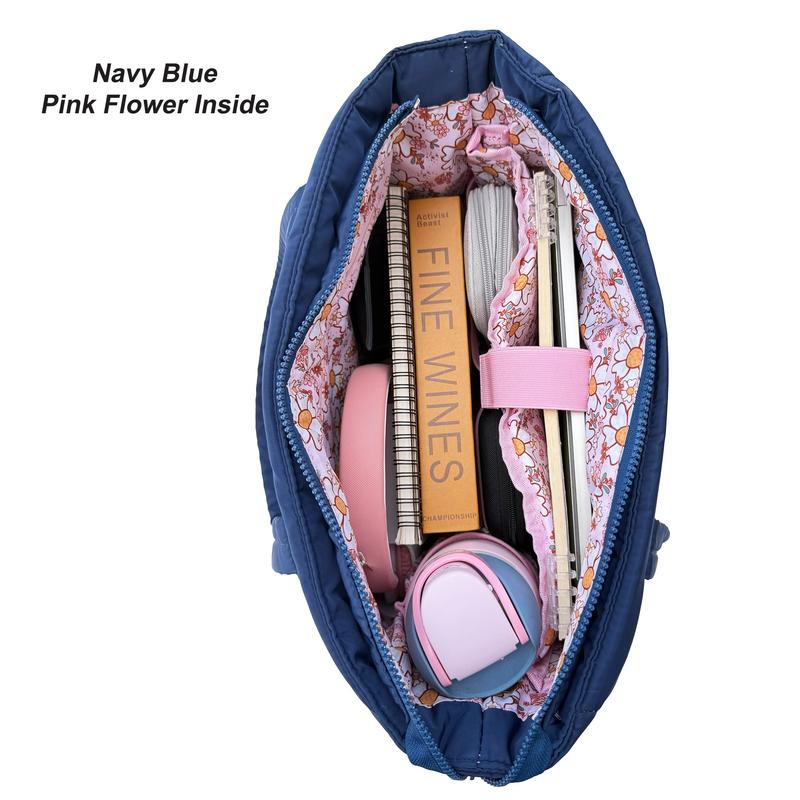 CozyLoucia Cute Puffer Tote Bag for Women Pink Flower Print Interior Laptop Shoulder Handbag, Lightweight Best Tote Bag for Work with Multiple Compartments for Travel , Work  and School ,Christmas Gift Ideas
