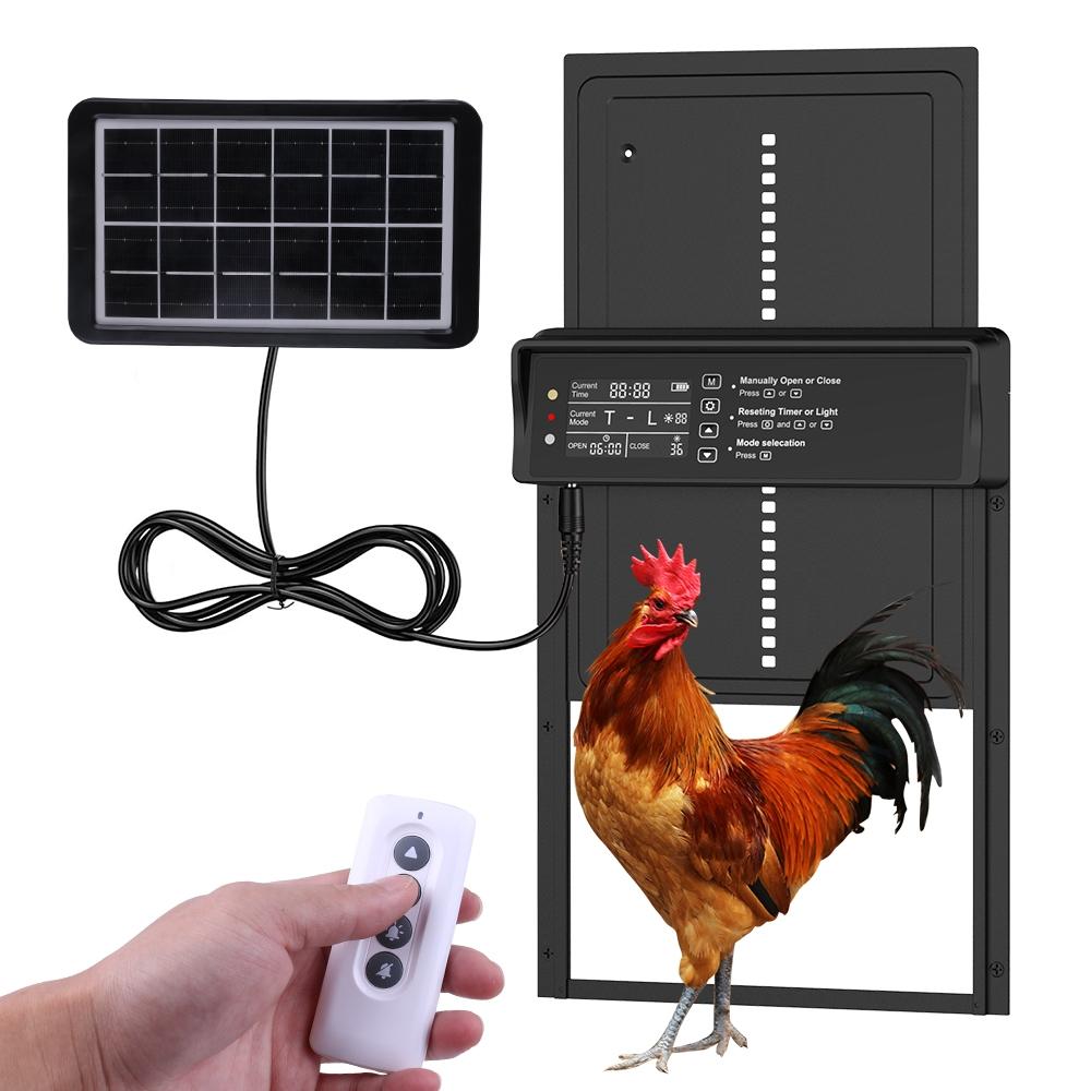 Solar Automatic Chicken Coop Door with LCD Screen, Timer Light Sensor Remote Manual Rechargeable Electric Poultry Gate, Chicken Coop Enclosure