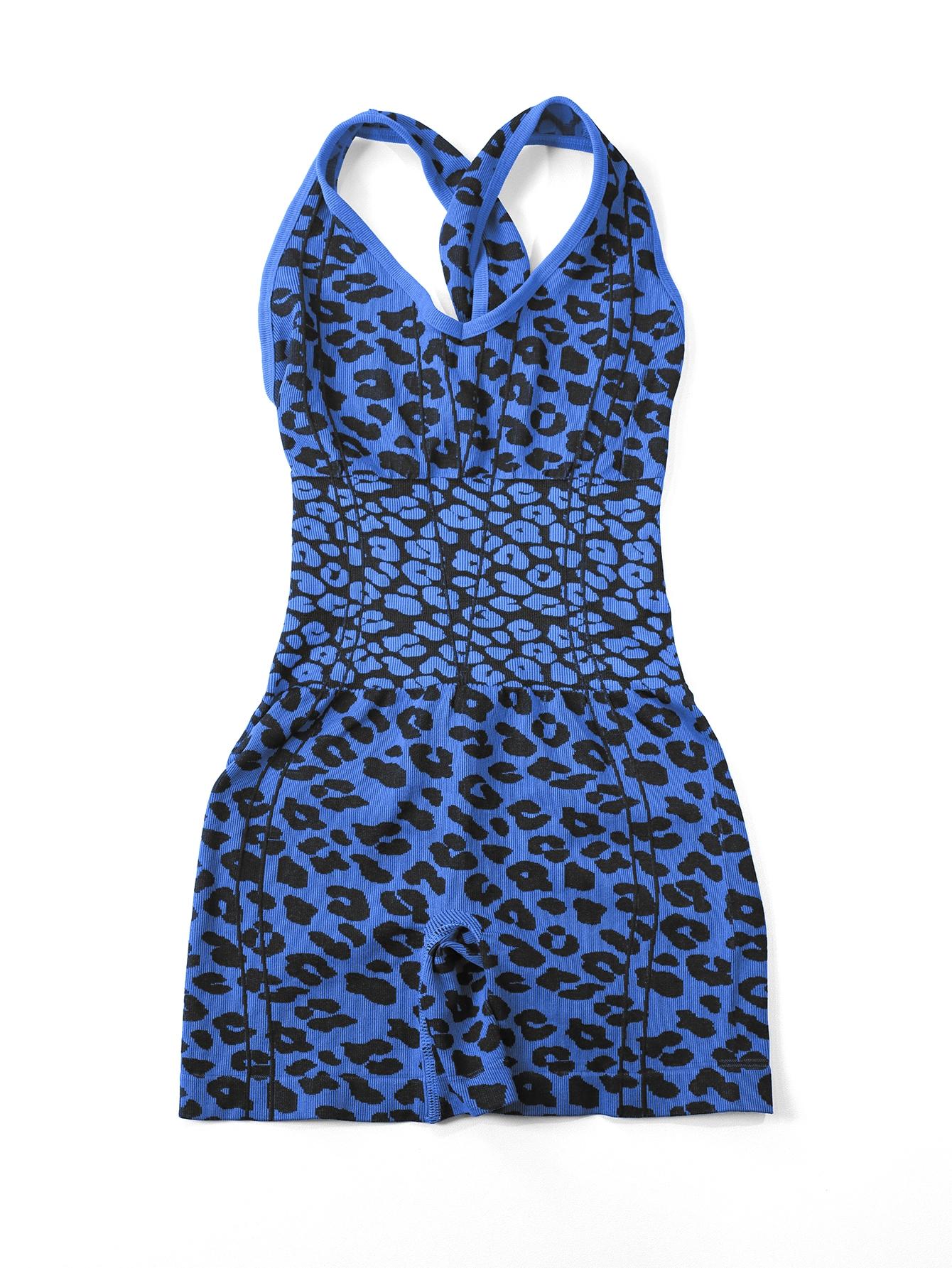 Women's Sporty Jumpsuit, Deep U-Neck Leopard Print, High Waist Fitted, Breathable Yoga Wear, Gym Outdoor Running Training