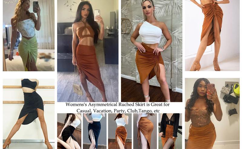 ZAFUL Women's Boho Skirt Asymmetrical Floral Paisley Print High Waist Ruched Wrap Skirt for Casual Bottoms Coffee Minimalist Basic Womenswear Midi Long Length Polyester