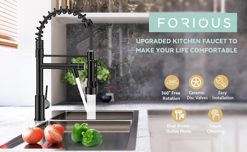 FORIOUS Commercial Spring Kitchen Faucet with Dual Heads & LED Stainless Steel Pull Down Sprayer Standard Aerator 360° Swivel Matte Black