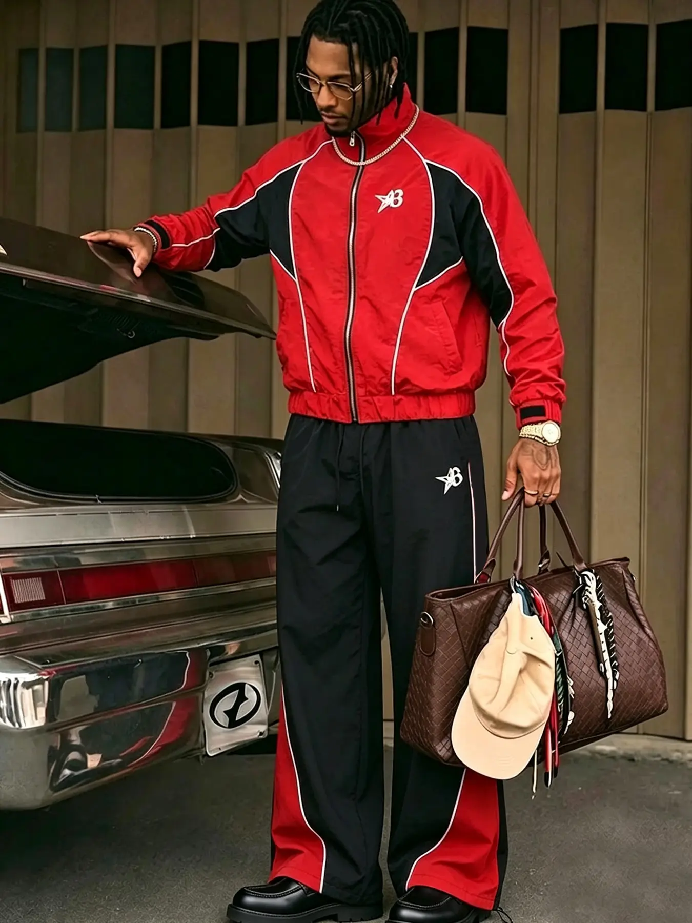 2Pcs Set Men Red Black Tracksuit Y2K Racingcore Zip Jacket and Long Pants Outfit for Unisex Streetwear Sports Daily Wear
