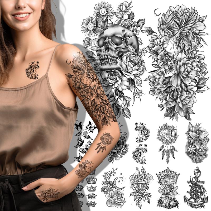 49 Sheets Large Flowers Butterfies Crown Waterproof Temporary Tattoos for Women Fake Tattoos Adults Body Make Up Tattoo
