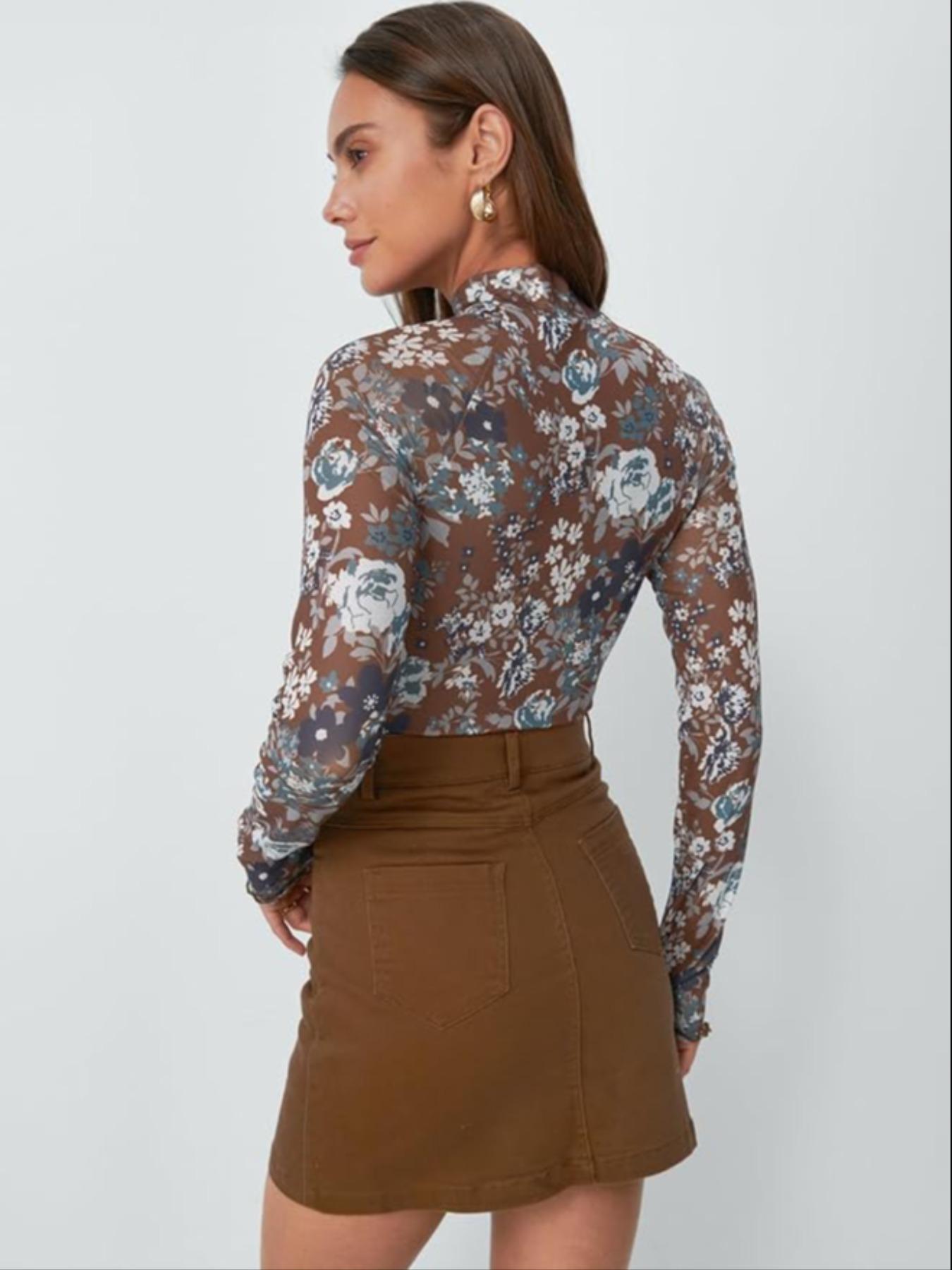 Women's Long Sleeved Mesh Lace Top, Ditsy Floral Print Tee, Fashion Casual Mock Neck T-shirt for Daily Outdoor Wear, Ladies Clothes for Spring & Fall