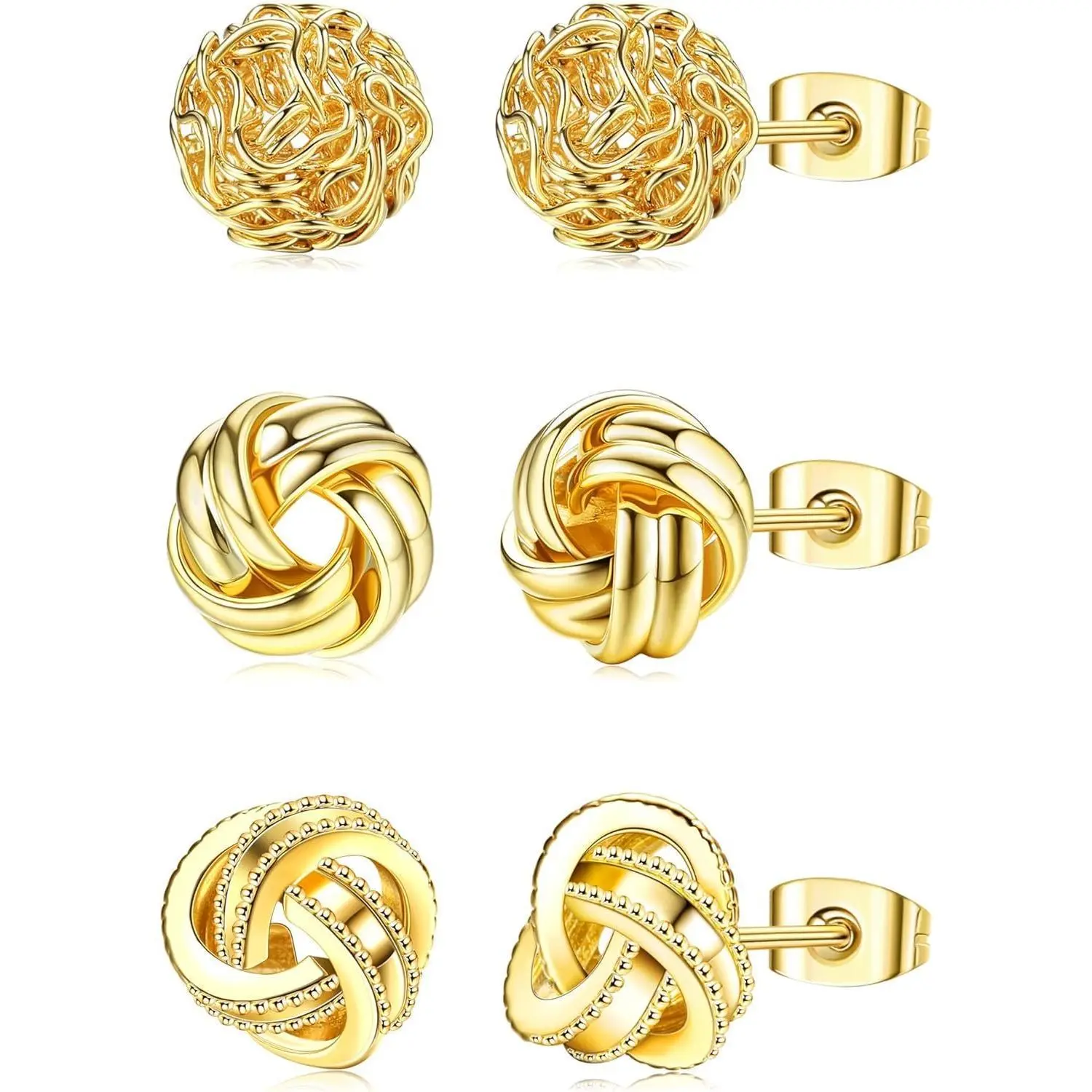 CASSIECA 3 Pairs Love Knot Earrings For Women Girls 14K Gold Plated Woven Ball Stud Earrings Love Knot Post Earrings for Sensitive Ears Sohochic