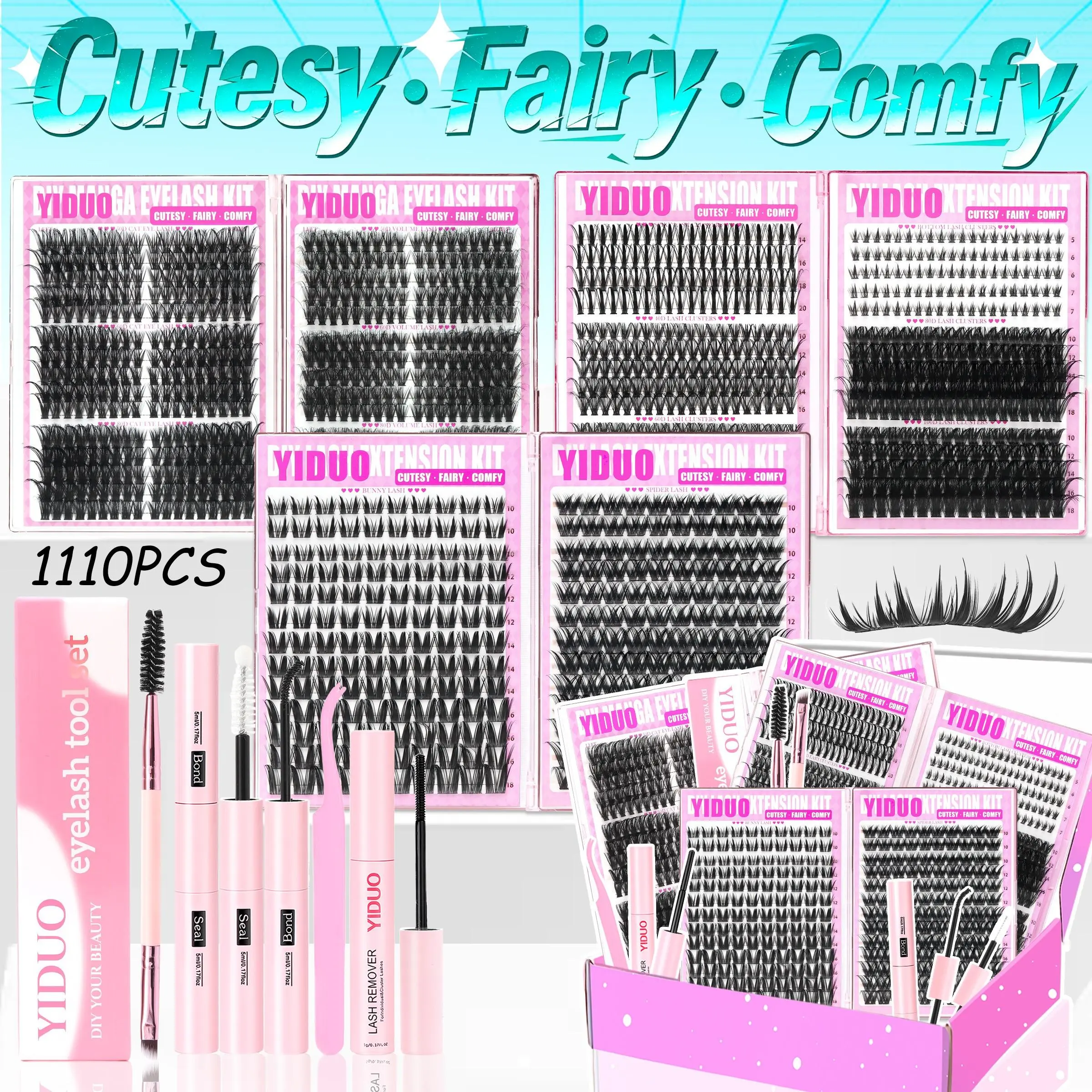 YIDUO 1110pcs DIY Lash Extension Kit, Complete Eyelash Clusters Set with Bond & Seal, Remover, Tweezers & Eyelash Brush, 10-18mm D Curl Manga, Cat Eye and Wispy Volume Lashes (50D, 60D, 80D, 100D) for Home Salon, Includes Lash Tools