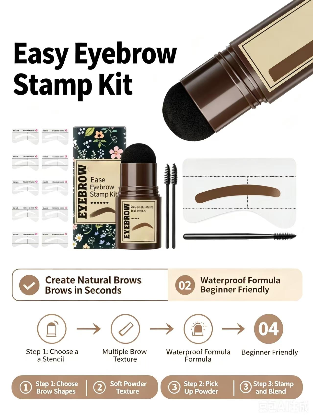 1-Step Daily Eyebrow Stamping Single Unit Kit with Temporary Powder Stick - Waterproof, Sweat-Resistant, Long-Lasting for Brow Design, Contour Makeup (Beauty & Personal Care Eyebrow Product)