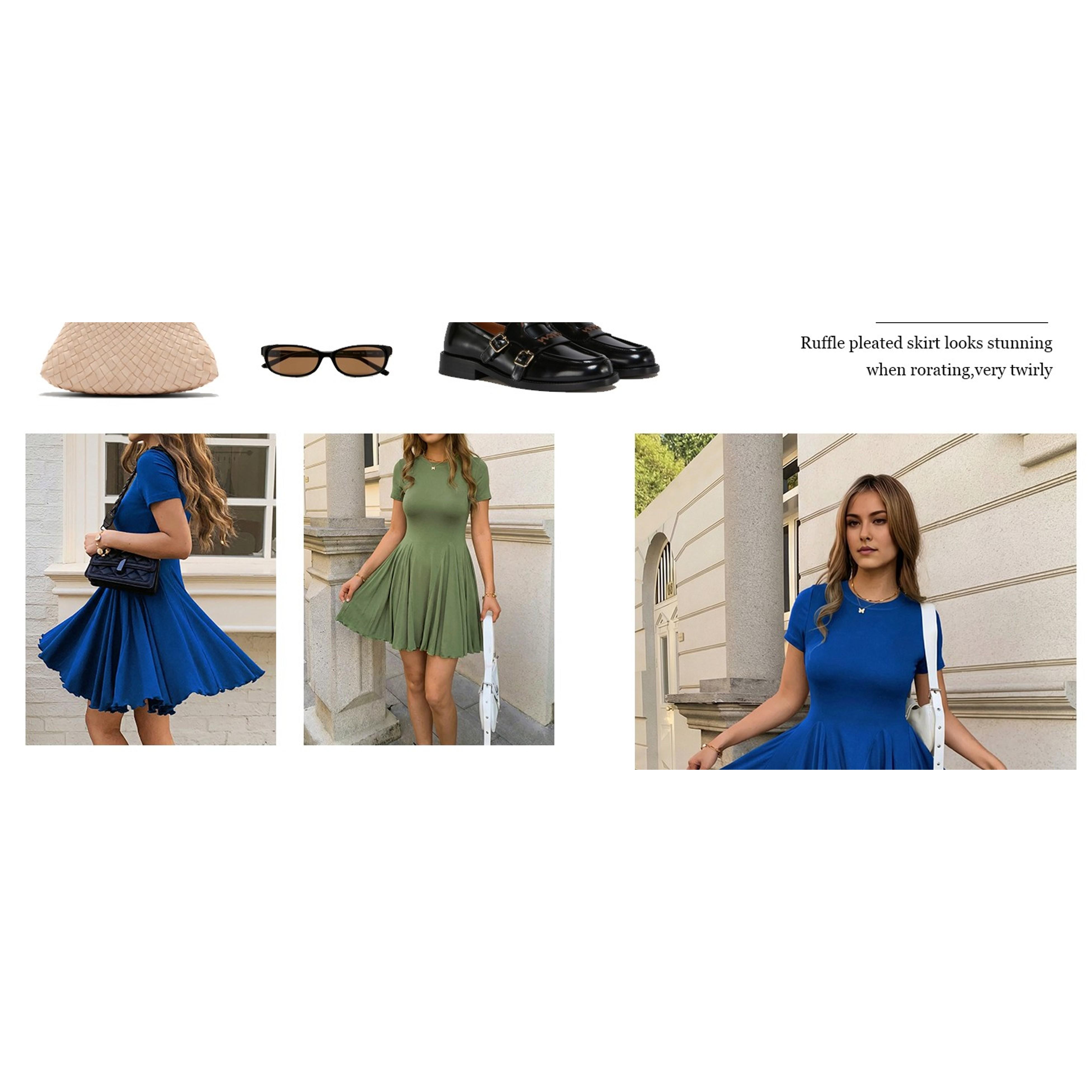 Womens Summer Fit and Flare Swing Flowy Mini Dress Casual A Line Crewneck Pleated T Shirt Skater Dress Beach Sundress