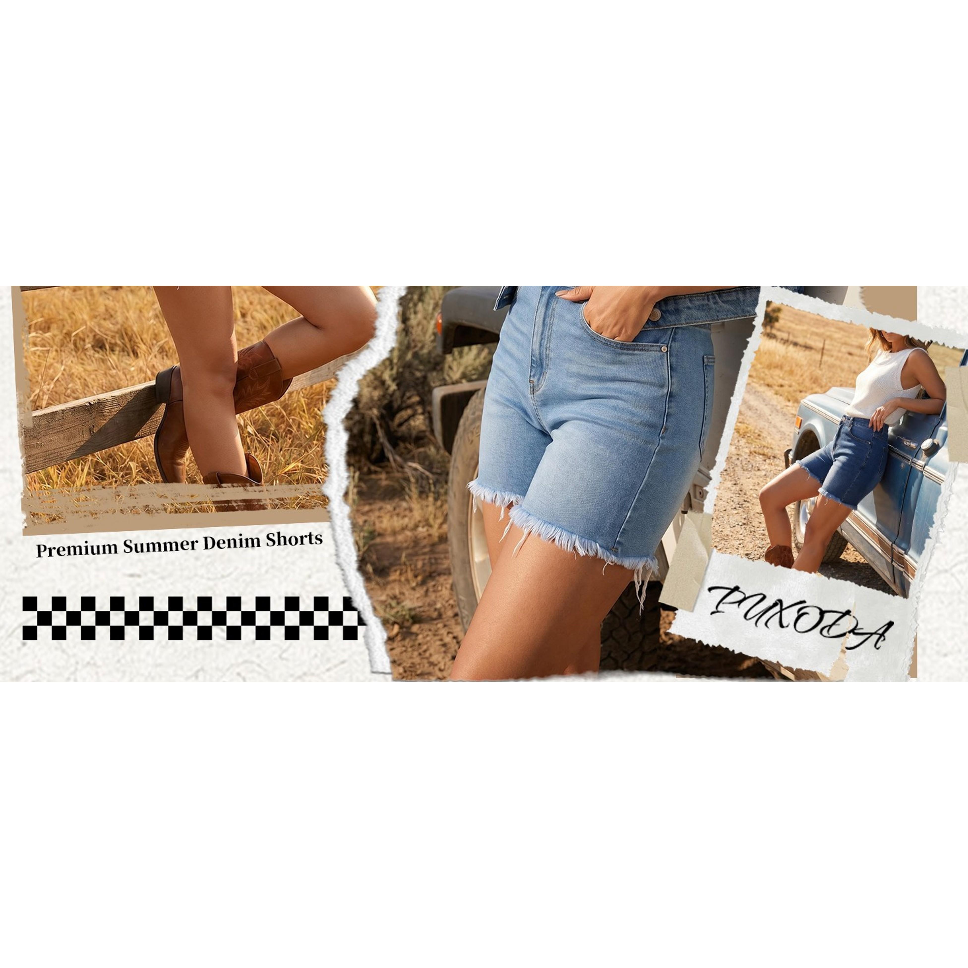 Women's High-Waisted Stretchy Ripped Frayed Hem Denim Jean Shorts, Streetwear Cotton Linen Bottoms with Kimono-Inspired Accents, Fabric, Style