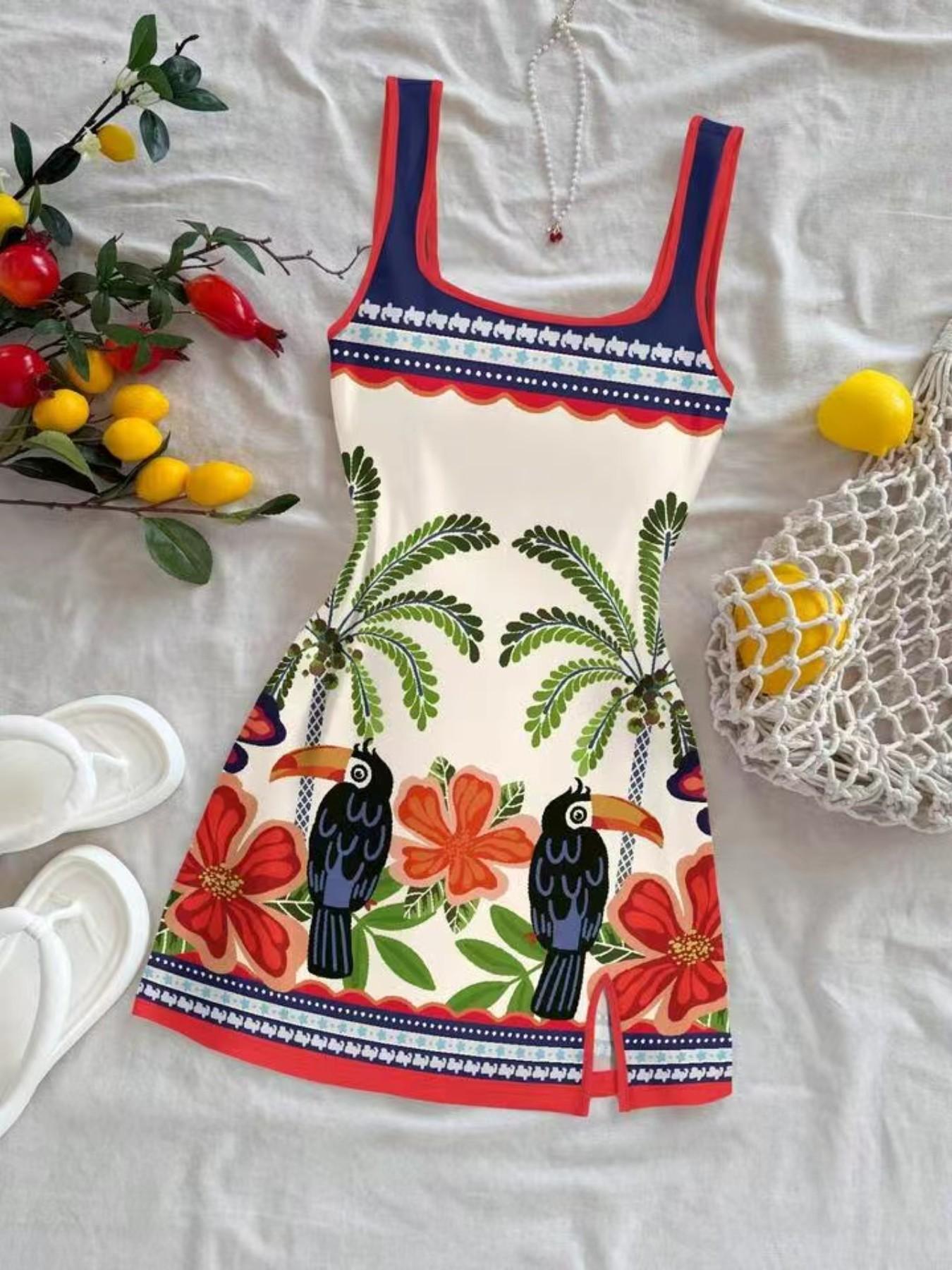Summer Mini Dress for Women, Tropical Bird Palm Print, Geometric Floral Border, Contrast U-Neck Backless, Casual Vacation Style