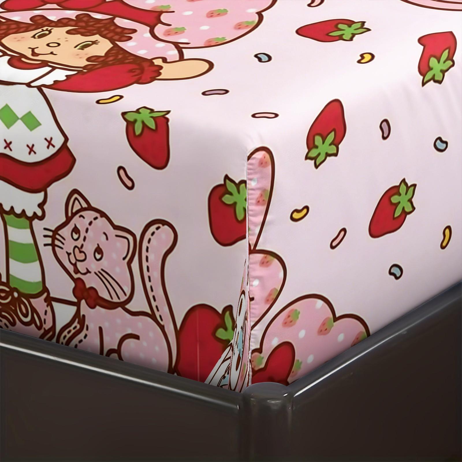 Q Version Strawberry Sweetheart Cartoon Fitted Sheet Set & 2 Pillowcases No Core, Wavy Stripe Design Paired with Cute Cartoon Characters, Soft Anti-Slip Wrinkle-Resistant, Girls' Bedroom Decor, Gift Choice