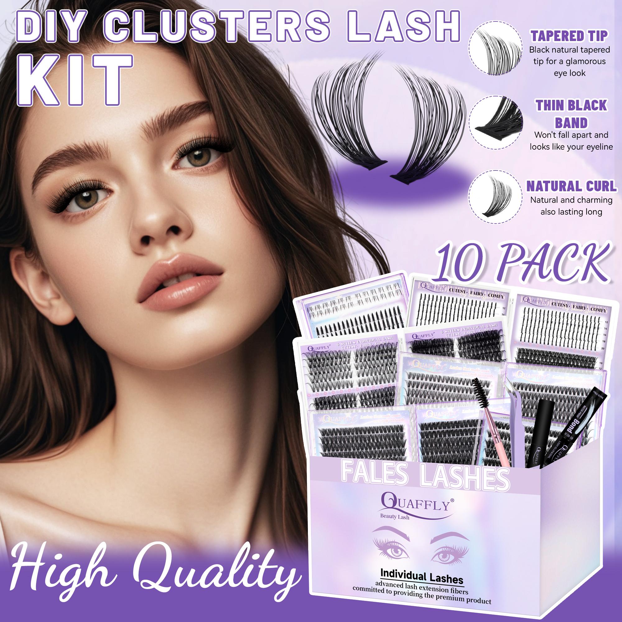 QUAFFLY Mega Lash Clusters Kit 2692Pcs, Makeup Eyelashes Extension 10 Trays Variety Pack Eyelash Clusters Extensions, Includes Volume/Wispy/Spikes/Bottom Lashes, DIY At Home Lash Extension Kit with Lash Bond&Seal Remover Tweezer Dual-Ended Brush