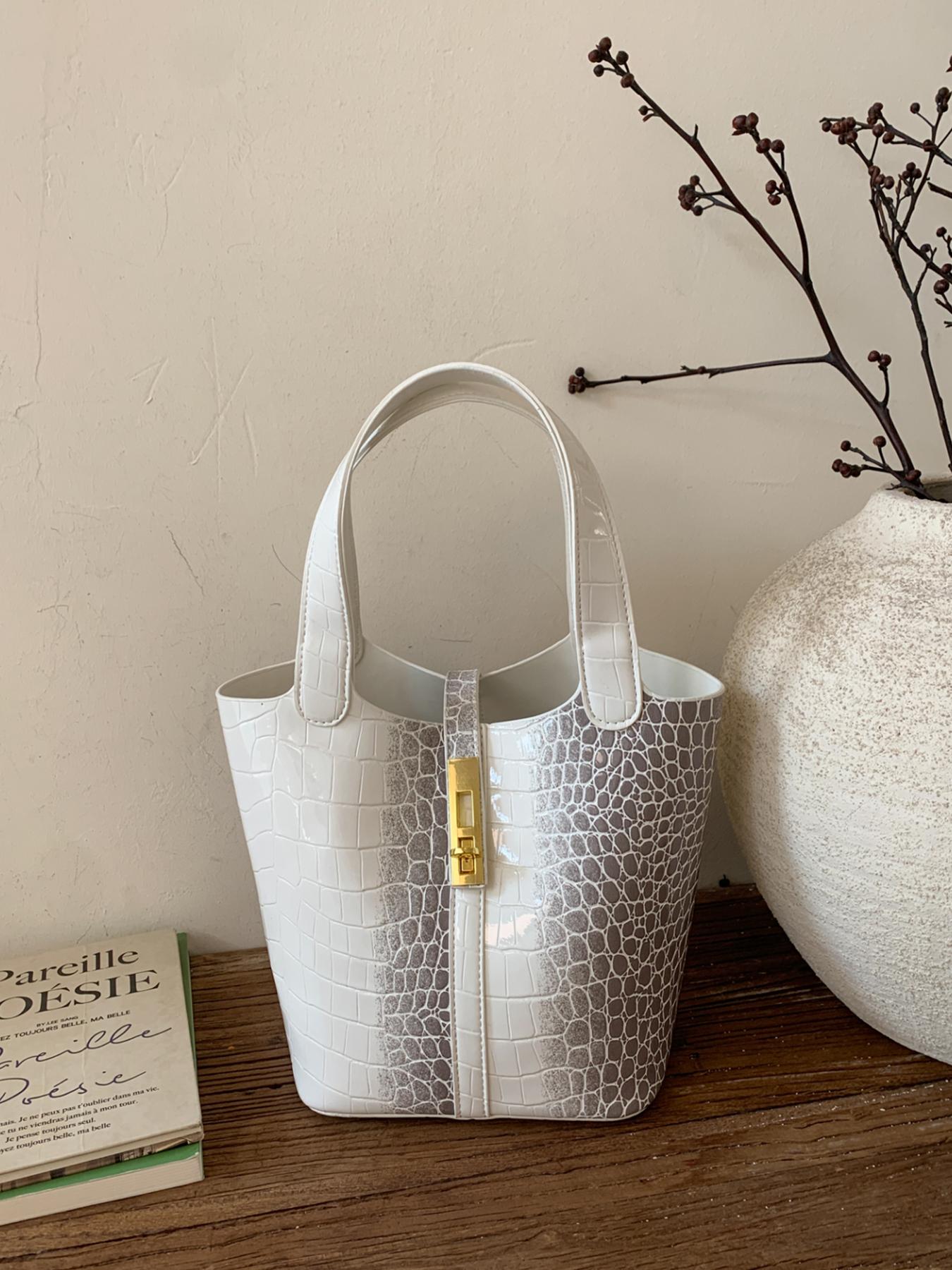 1pc Women's handbag with solid color crocodile pattern, Casual Trendy Handbag, simple and trendy, suitable for white-collar workers commute, go shopping. Lightweight Work Bag