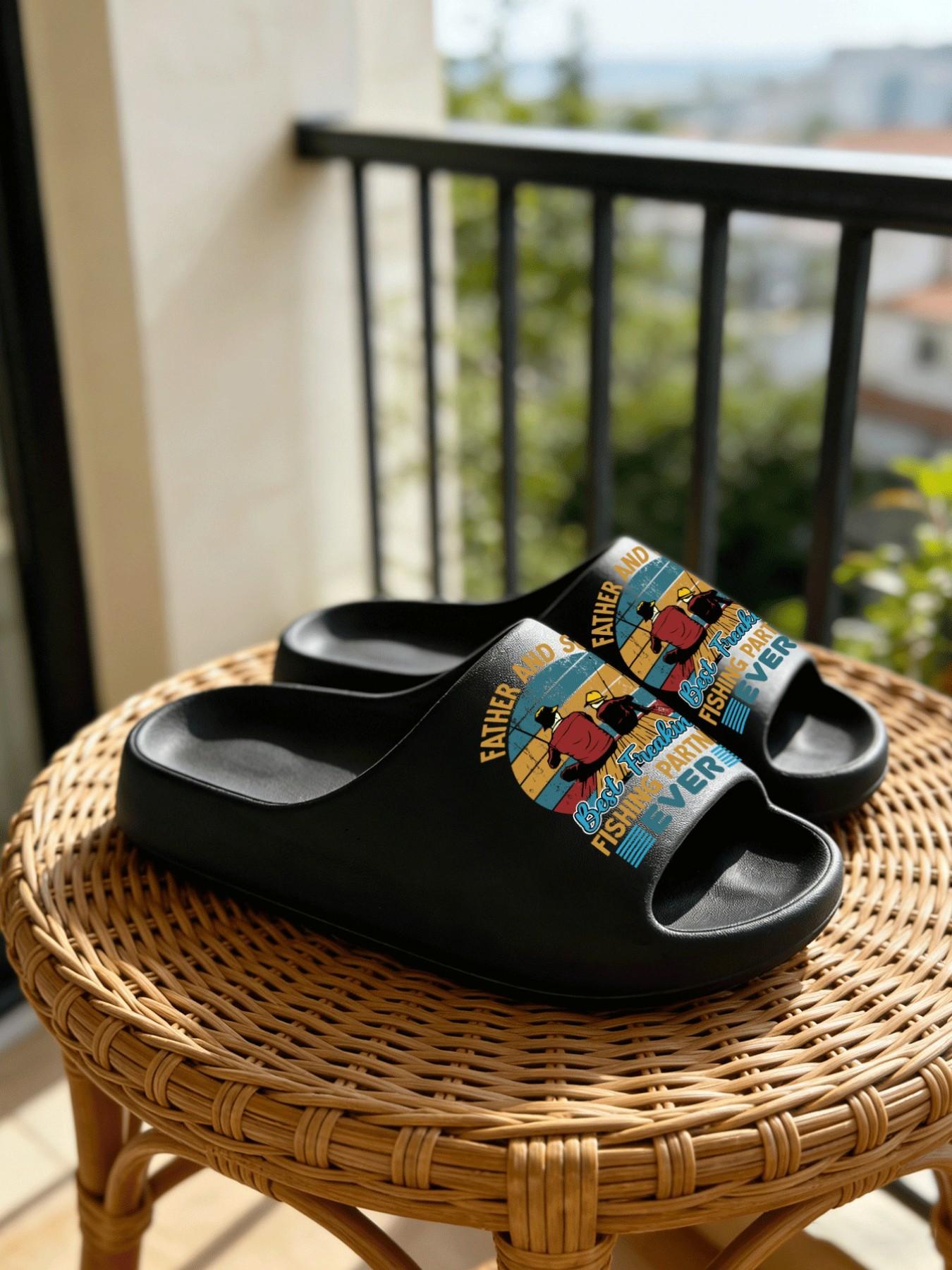 FATHER AND SON Father-Son Fishing Print Coconut Sandals, Cloud-Feel Retro American Casual Style, Unisex Father's Day Fishing Lover Gift Daily Wear, Thick Sole Non-slip Soft Comfortable, All-Season Home Bathroom Outdoor