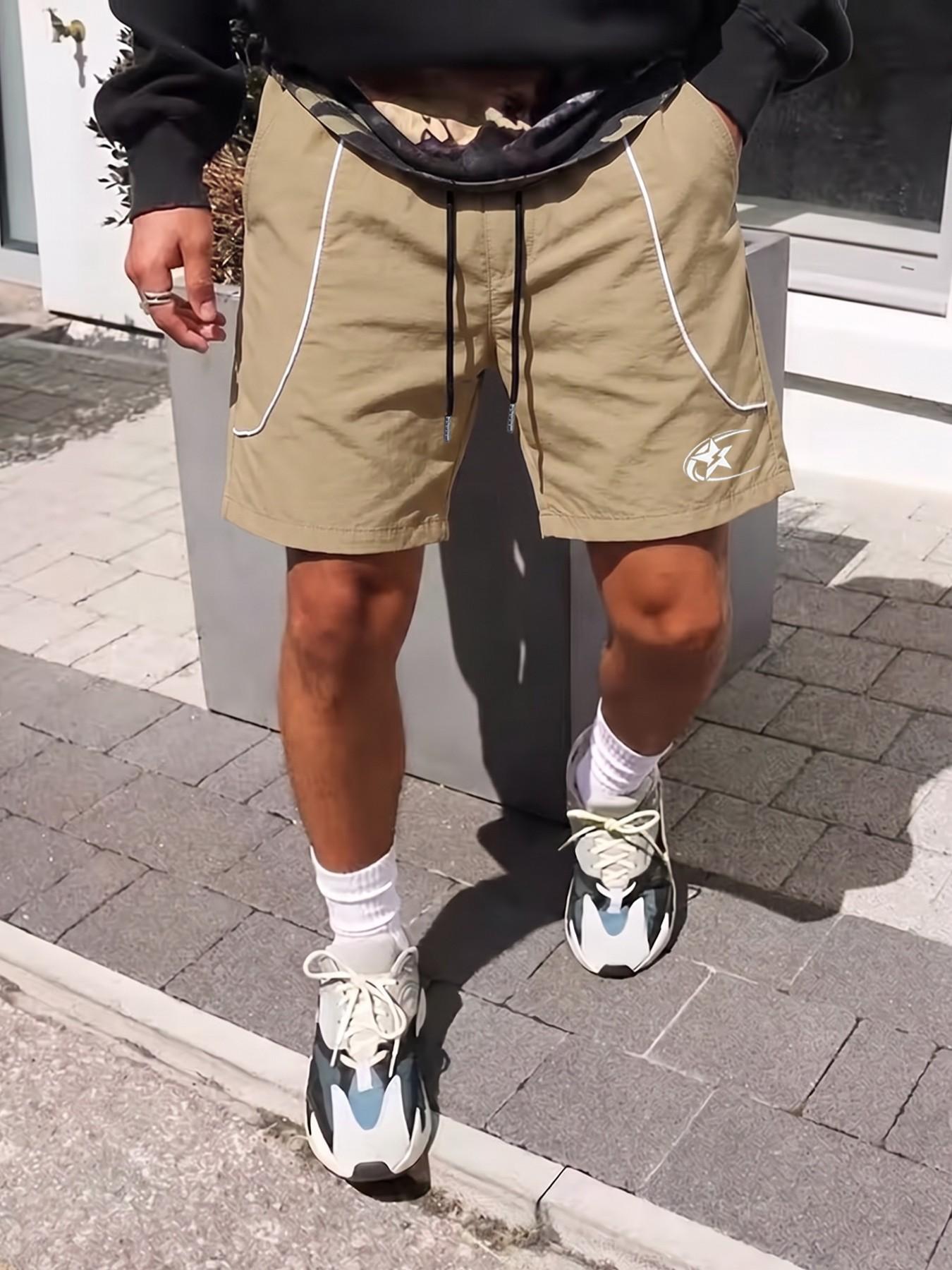 Men's Urban Style Casual Shorts, 100% Nylon Lightweight, Curved Contrast Stripe, Graphic Print, Elastic Drawstring Waist Loose Summer Shorts