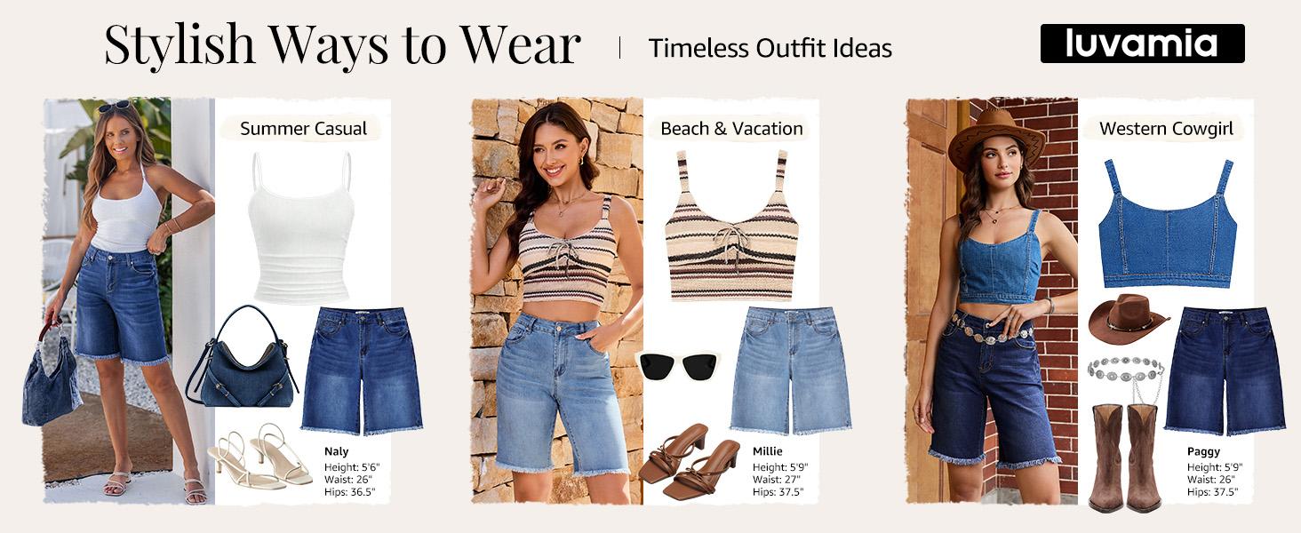 luvamia Jean Bermuda Shorts for Women Trendy Mid Rise Raw Hem Knee Length Stretchy Denim Long Shorts Summer Casual Jorts