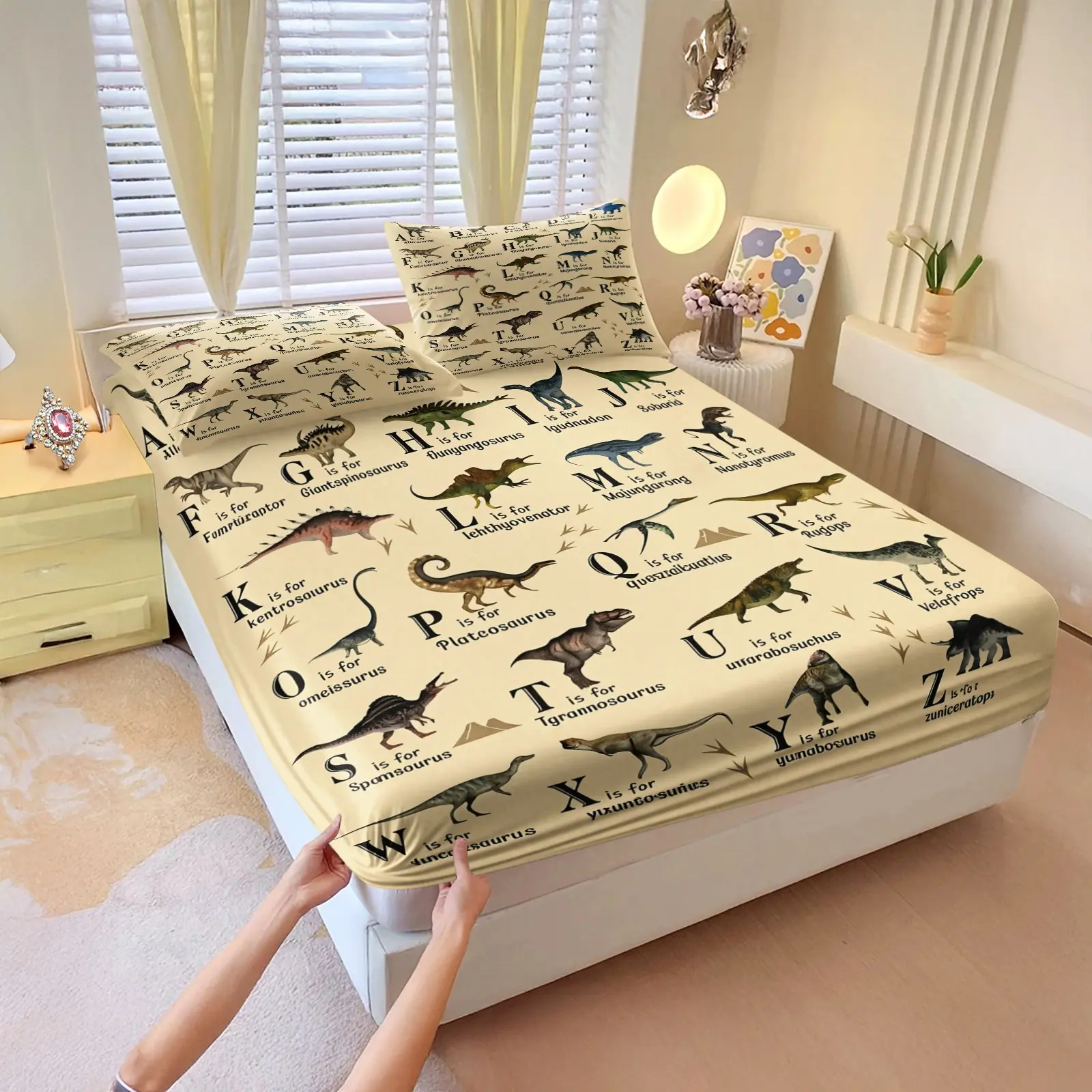 3Pcs Dinosaur Alphabet Fitted Sheet Set, Breathable Bedding Sets, Vintage A-Z Dinosaur Species Letter Print Fitted Sheet with 2 Pillowcases, Soft Breathable Elastic Fitted Sheet, Kids Educational Dinosaur Themed Bedding Set for Home Decor