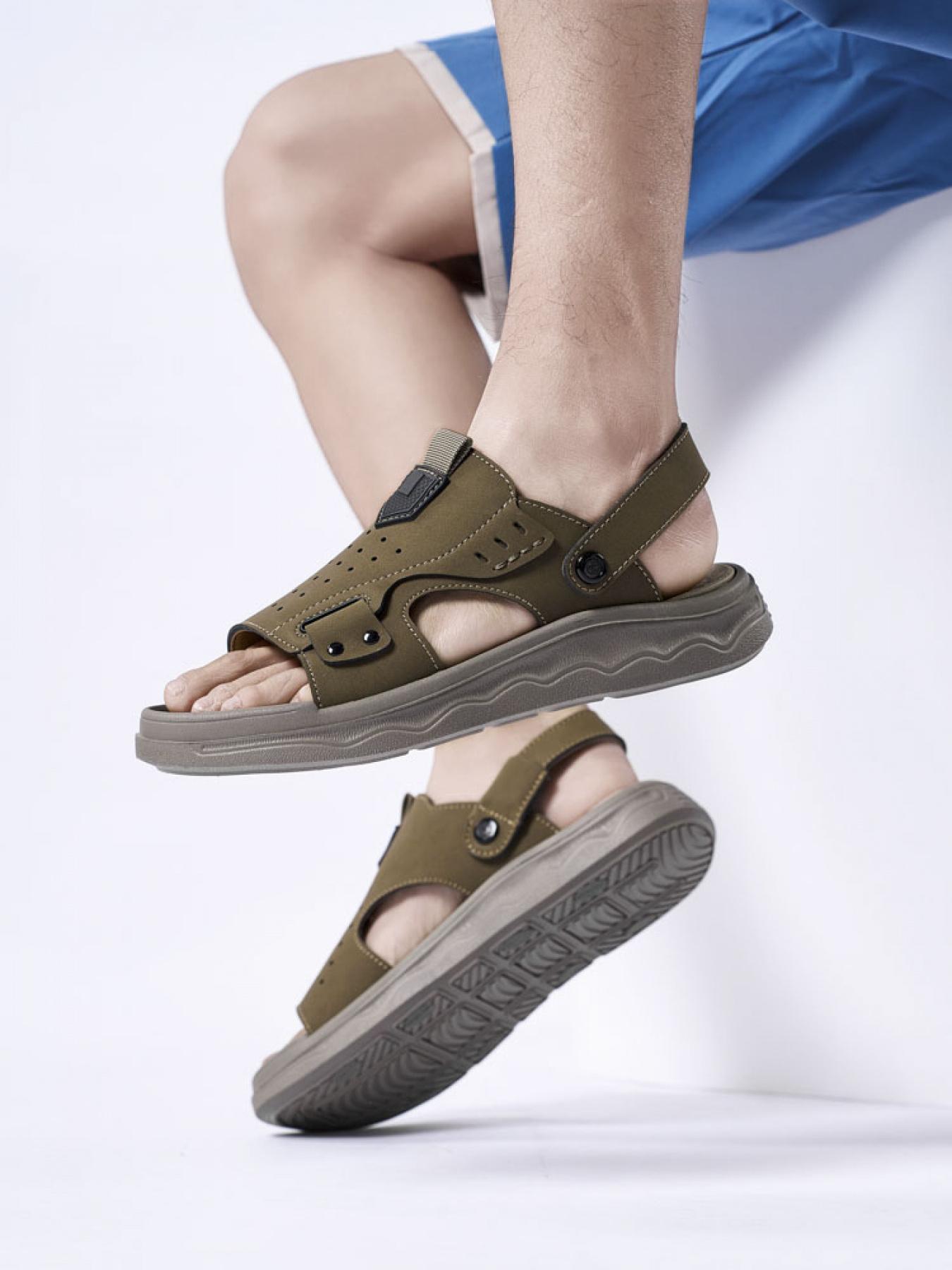 Men's Solid Color Dual-Wear Velcro Closed-Toe Sandals Thick-Soled Breathable Beach Shoes Non-Slip Wear-Resistant Outdoor Water-Resistant Sandals