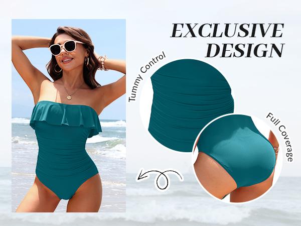 Holipick Black Strapless One Piece Swimsuits for Women Tummy Control Bandeau Bathing Suits Ruffle Slimming Swimwear