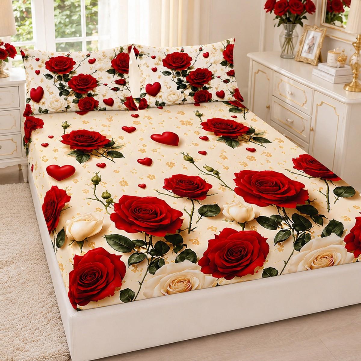 3pcs Three-piece fitted sheet set with red rose and heart floral print. Includes one fitted sheet and two pillowcases (pillow inserts not included). Soft, comfortable, and breathable. Available in multiple sizes. Suitable for master bedrooms, guest rooms
