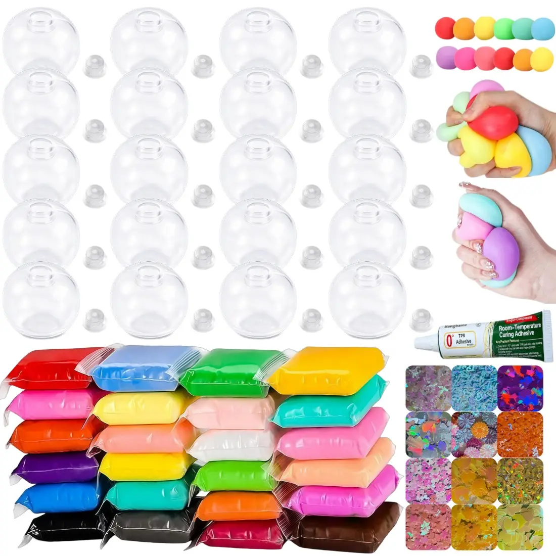 DIY Stress Ball Kit, Stress Ball Squishies, includes 24 colors of clay, 12 colors of glitter powder, 4cm transparent blank skin, 20 pieces
