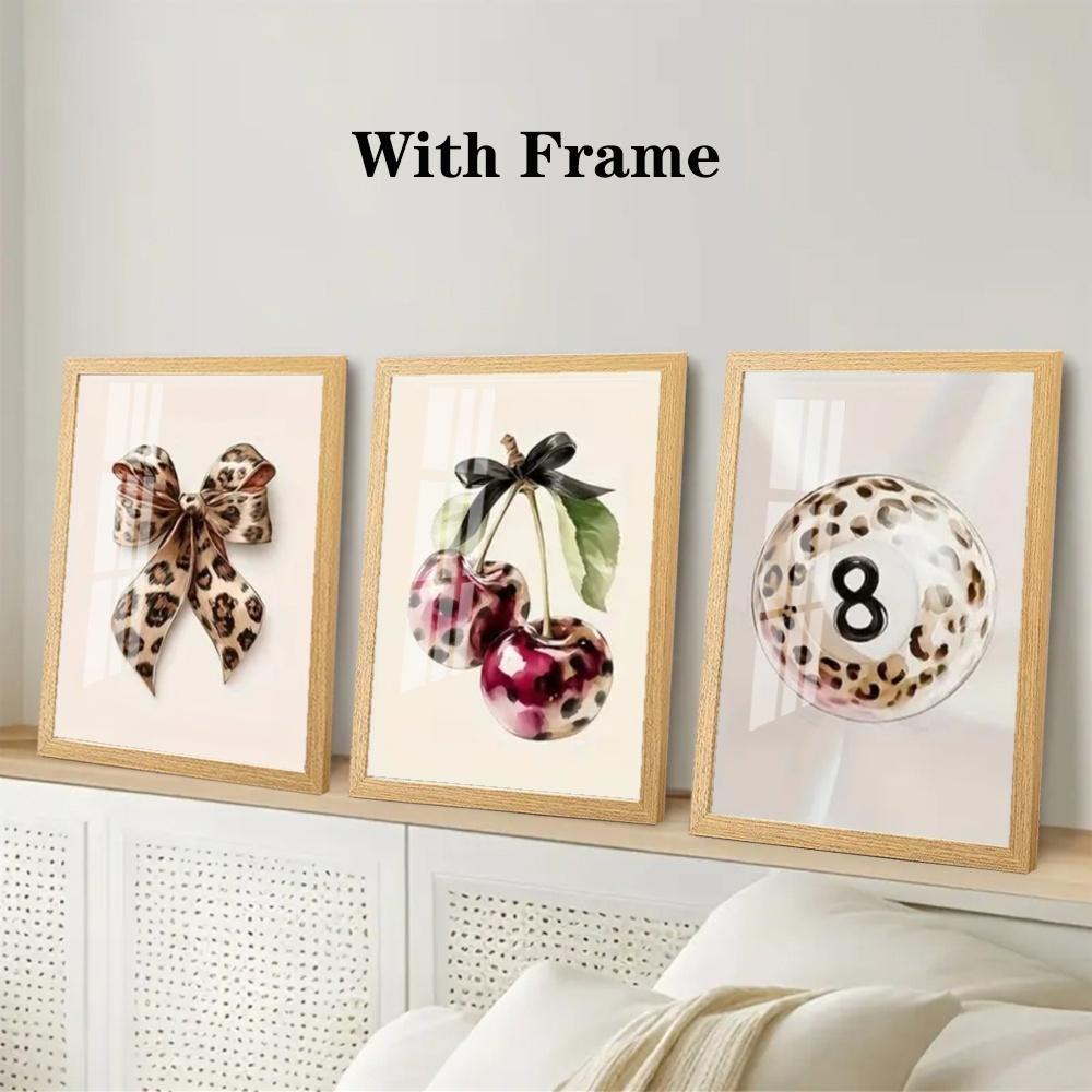 3-Piece Optional Wooden Frame Teen Fashion Leopard Print Bow Cherry 8 Ball Poster High Precision Color Print Moisture-proof Flat Surface Anti-fade Clear Details Apartment Bedroom Living Room Decor