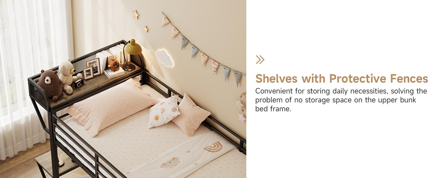 【SPRING GLOW UP】ONBRILL Bunk Bed Twin Over Twin, Metal Bunk Beds with Power Outlets & Desk, Heavy-Duty Bunkbeds Frame with Safety Guardrail & Ladders, Upper Bed with Storage Rack, No Box Spring Needed, for Juniors