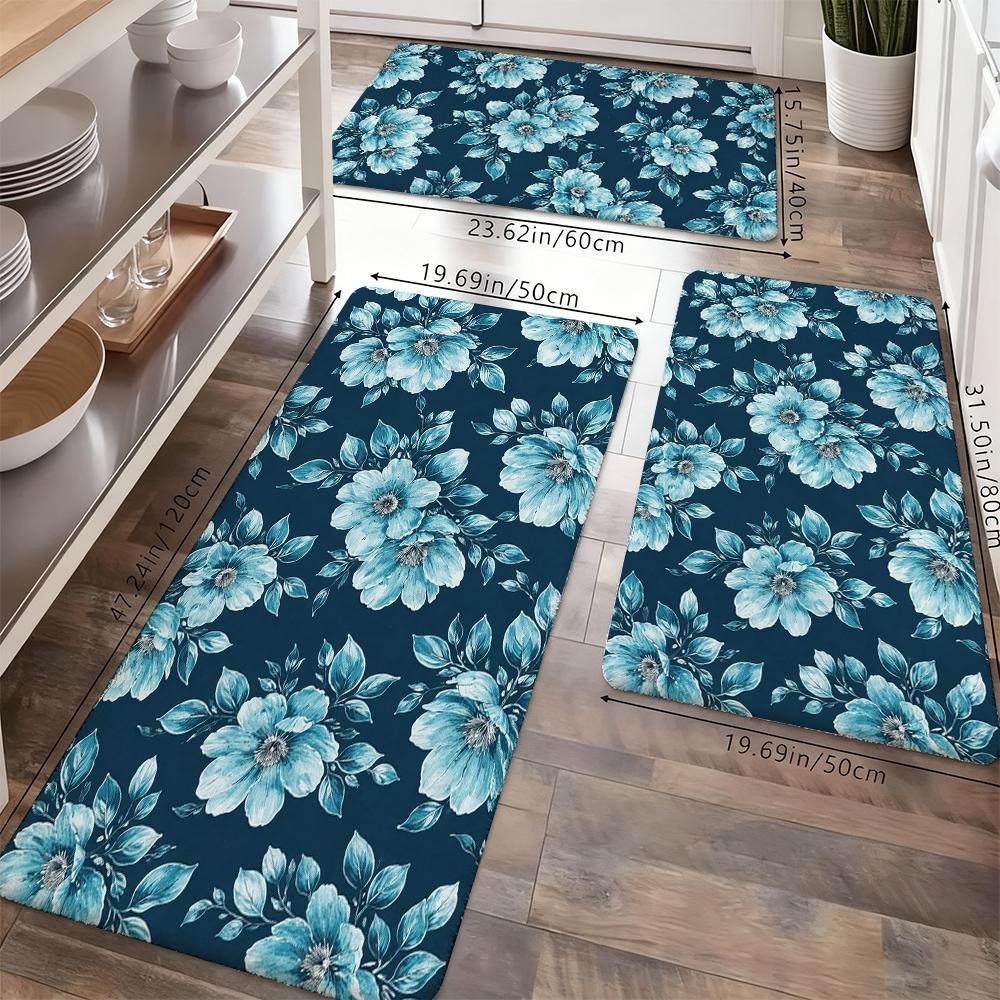 Vintage Blue Floral Kitchen Rug Set, Watercolor Flower Non-Slip Washable Floor Mats, Aesthetic Botanical Runner Rugs for Kitchen, Living Room & Home Decor