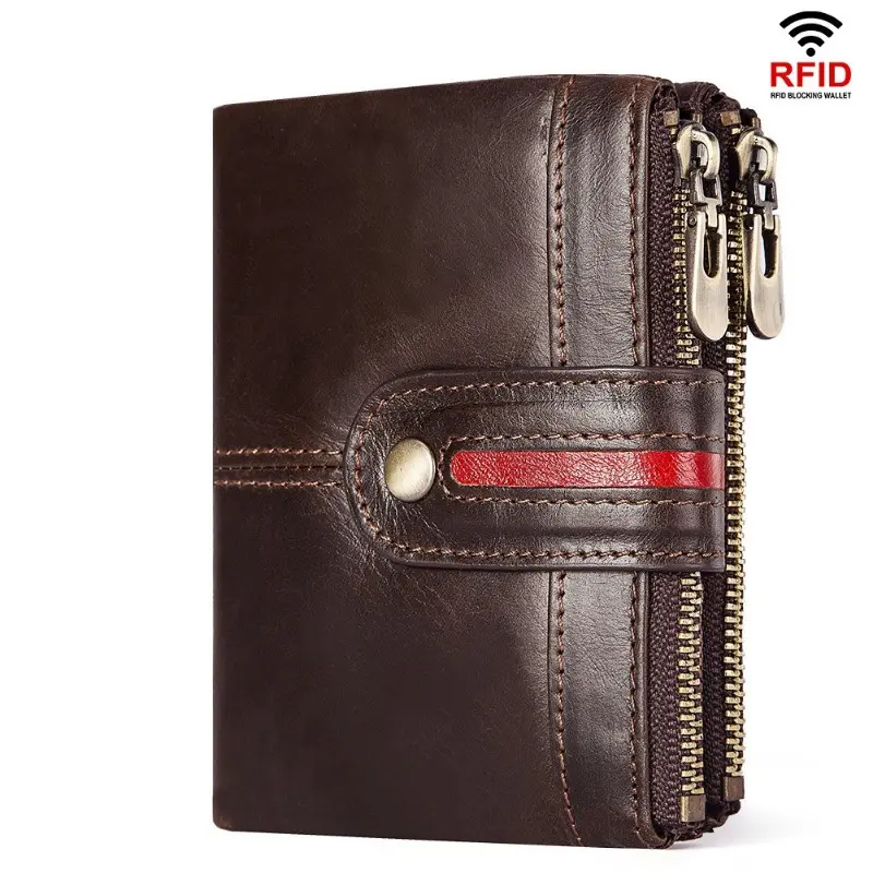 Men's minimalist vertical bi-fold wallet featuring an RFID-blocking card holder with a zipper; designed with both a zipper and a snap closure, it offers a slim profile while providing high-capacity storage for cards, cash, and coins